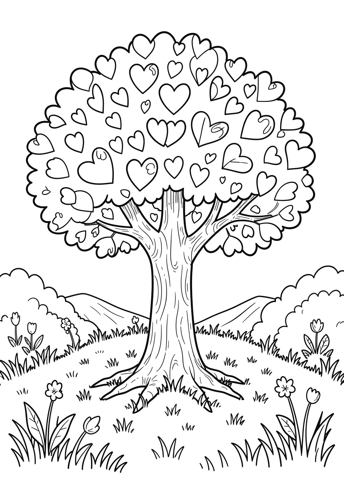 Ausmalbild Baum mit herzförmigen Blättern auf einer Wiese - Ausmalbild aus der Kategorie Natur - kostenlos ausdrucken