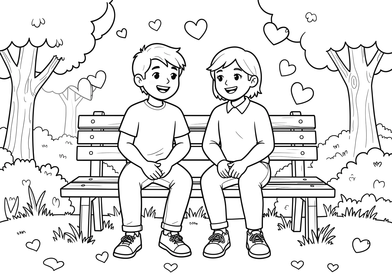 Ausmalbild Zwei Freunde sitzen zusammen auf einer Bank mit - Ausmalbild aus der Kategorie Sonstiges - kostenlos ausdrucken