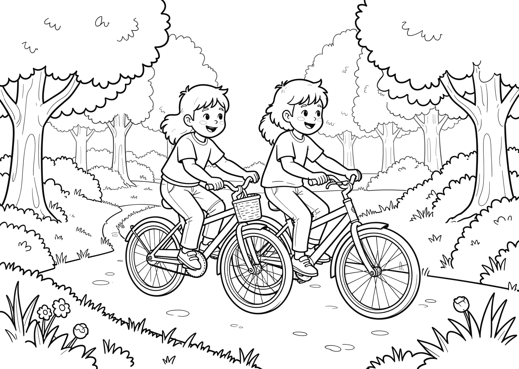 Ausmalbild Kinder fahren gemeinsam Fahrrad auf einem Weg - Ausmalbild aus der Kategorie Fahrzeuge - kostenlos ausdrucken