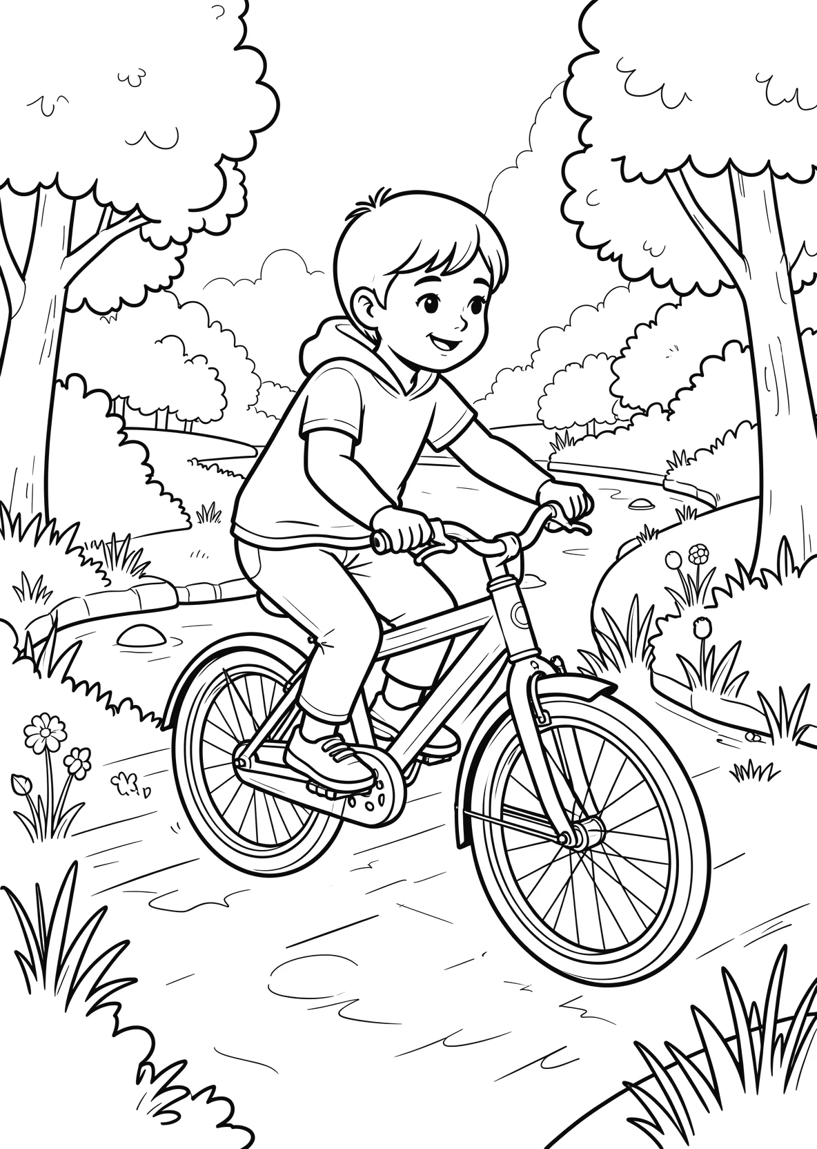 Ausmalbild Kind fährt Fahrrad über eine kleine Brücke über - Ausmalbild aus der Kategorie Fahrzeuge - kostenlos ausdrucken