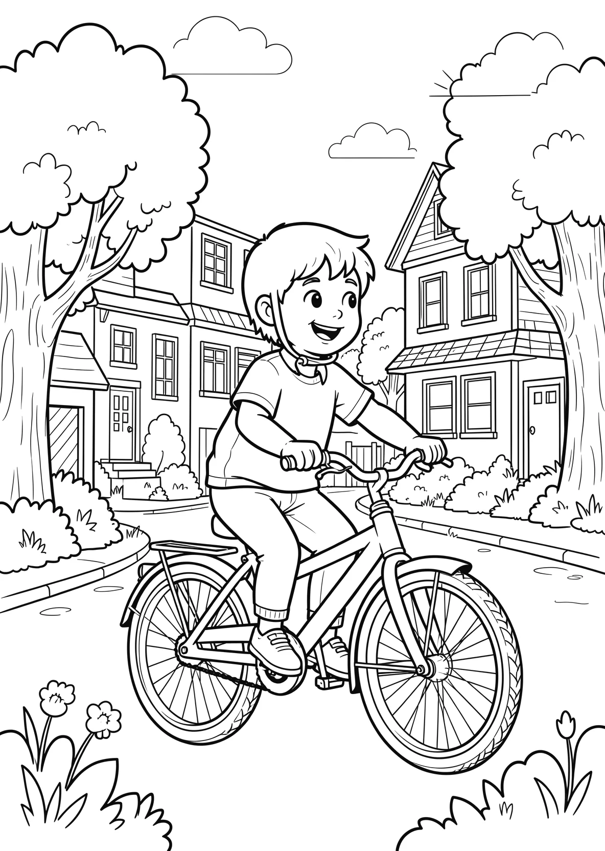 Ausmalbild Kind fährt Fahrrad durch eine Straße mit Häusern - Ausmalbild aus der Kategorie Fahrzeuge - kostenlos ausdrucken