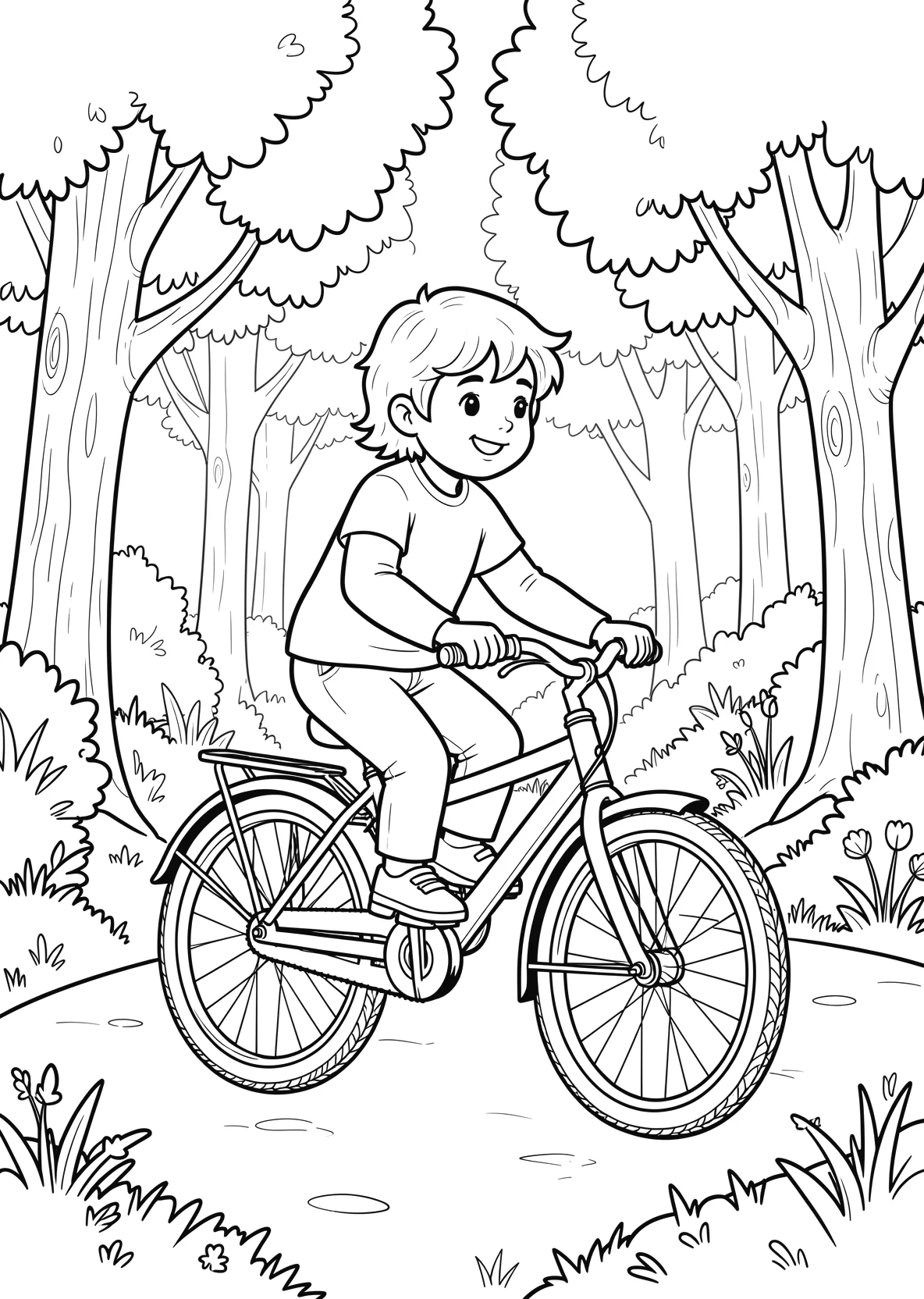 Ausmalbild Kinder fahren Fahrrad auf einem Waldweg mit Bäumen - Ausmalbild aus der Kategorie Fahrzeuge - kostenlos ausdrucken