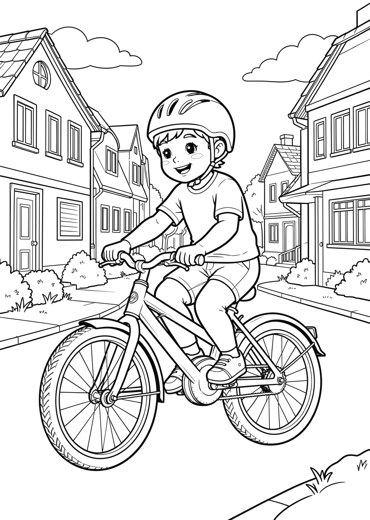 Ausmalbild Kind fährt Fahrrad mit Helm auf einer Straße mit - Ausmalbild aus der Kategorie Fahrzeuge - kostenlos ausdrucken