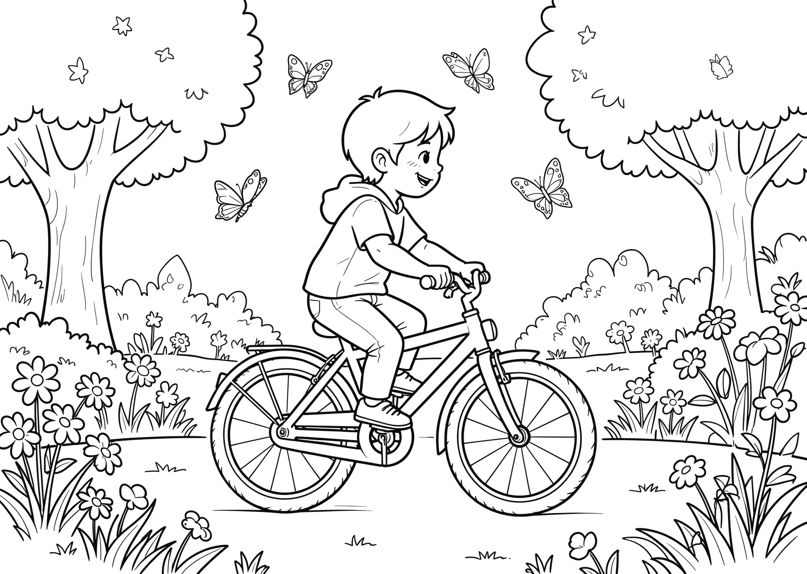 Ausmalbild Kind fährt Fahrrad durch einen Park mit Blumen - Ausmalbild aus der Kategorie Tiere - kostenlos ausdrucken