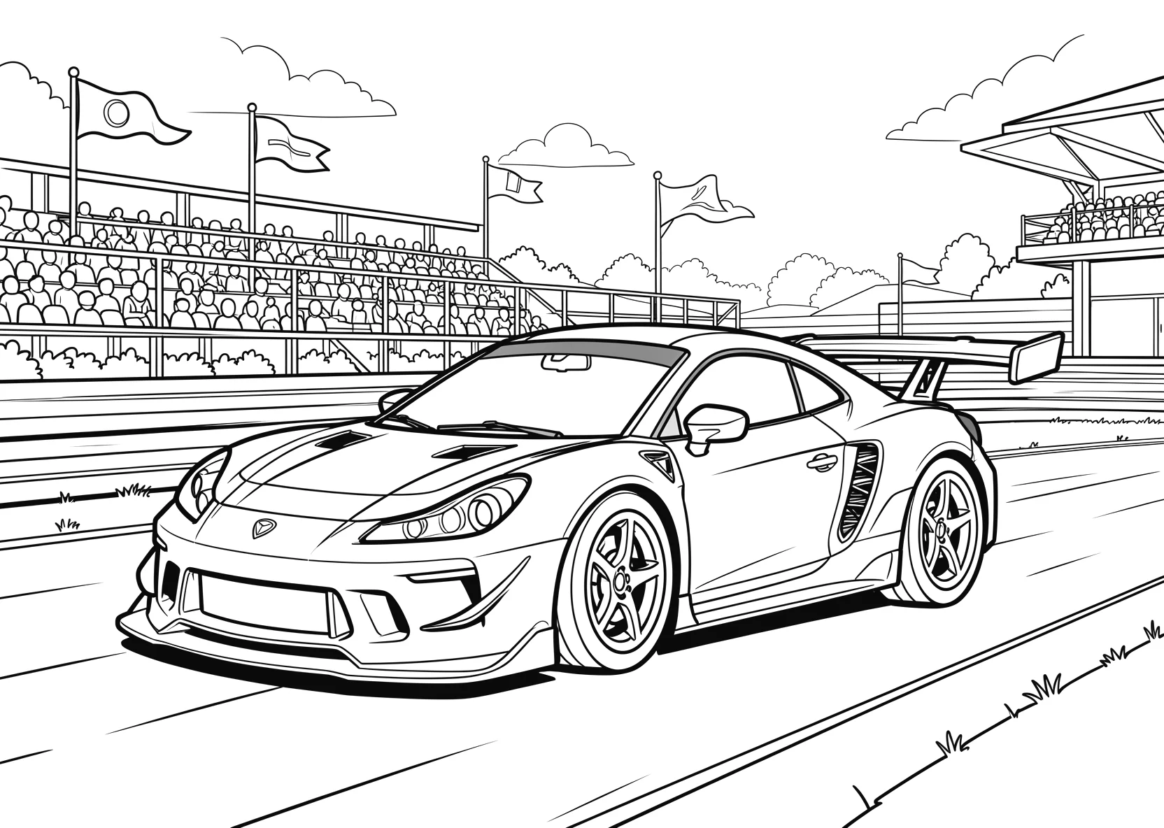 Ausmalbild Rennwagen fährt über eine Rennstrecke mit Tribüne - Ausmalbild aus der Kategorie Fahrzeuge - kostenlos ausdrucken