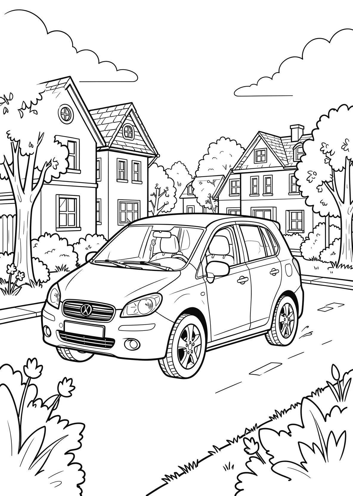 Ausmalbild Familienauto fährt über eine Straße mit Häusern - Ausmalbild aus der Kategorie Fahrzeuge - kostenlos ausdrucken