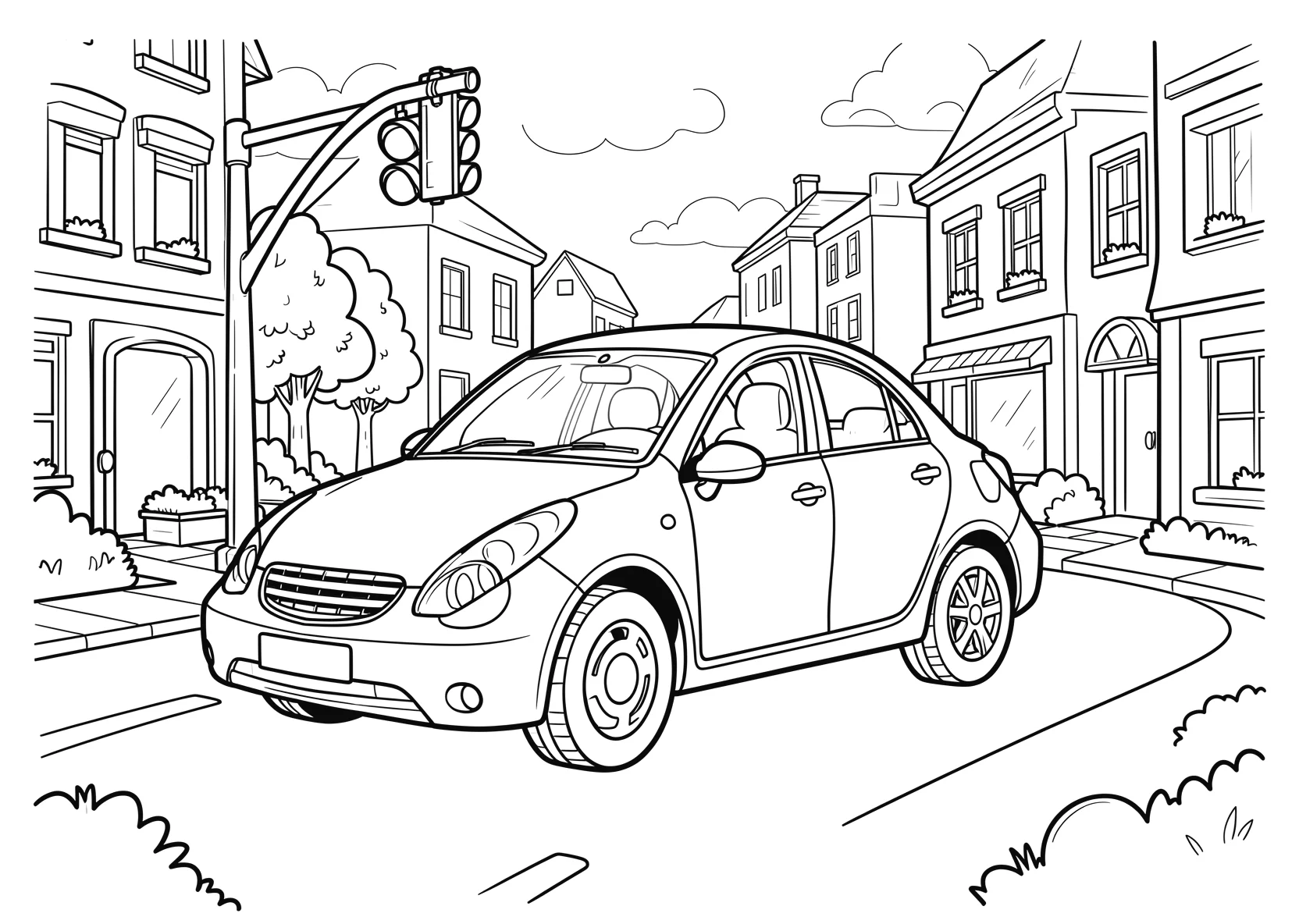 Ausmalbild Auto fährt durch eine Stadtstraße mit Ampel - Ausmalbild aus der Kategorie Fahrzeuge - kostenlos ausdrucken