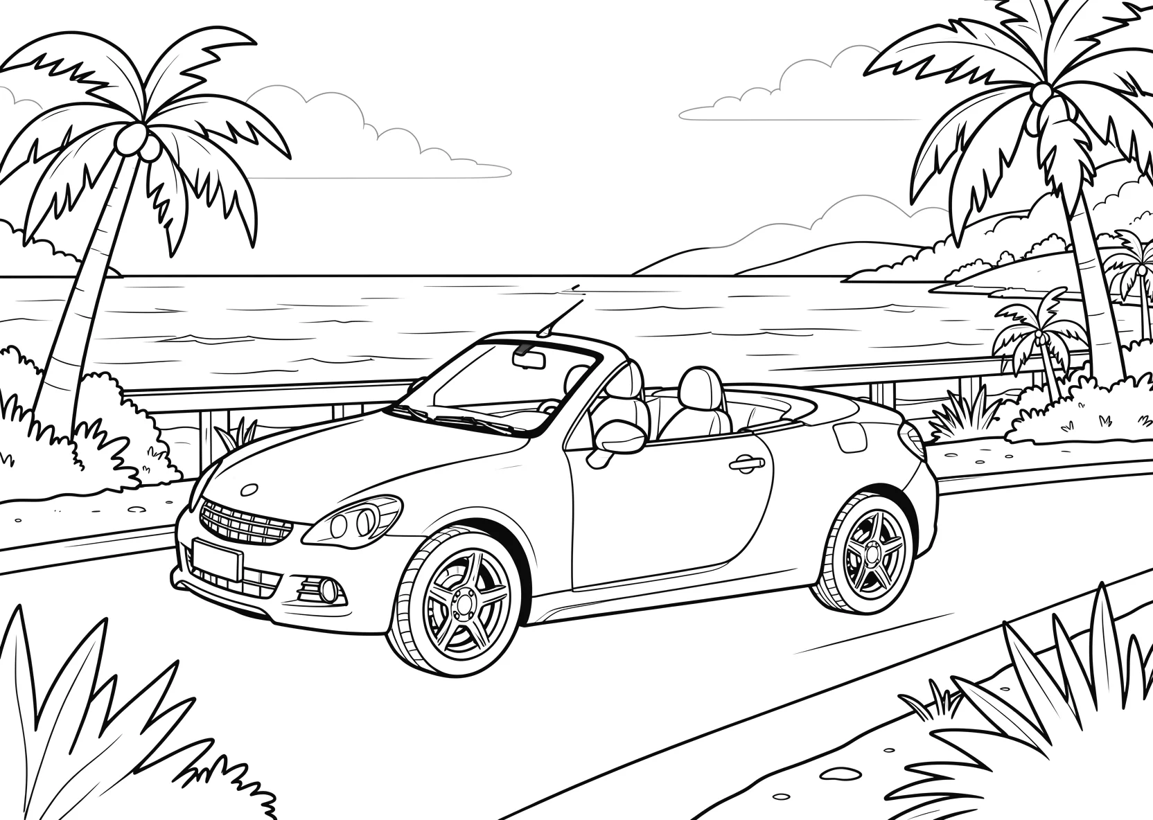 Ausmalbild Cabrio fährt über eine Küstenstraße mit Meer - Ausmalbild aus der Kategorie Fahrzeuge - kostenlos ausdrucken