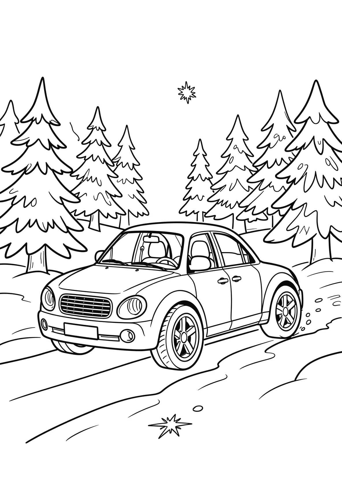 Ausmalbild Auto fährt durch eine verschneite - Ausmalbild aus der Kategorie Natur - kostenlos ausdrucken