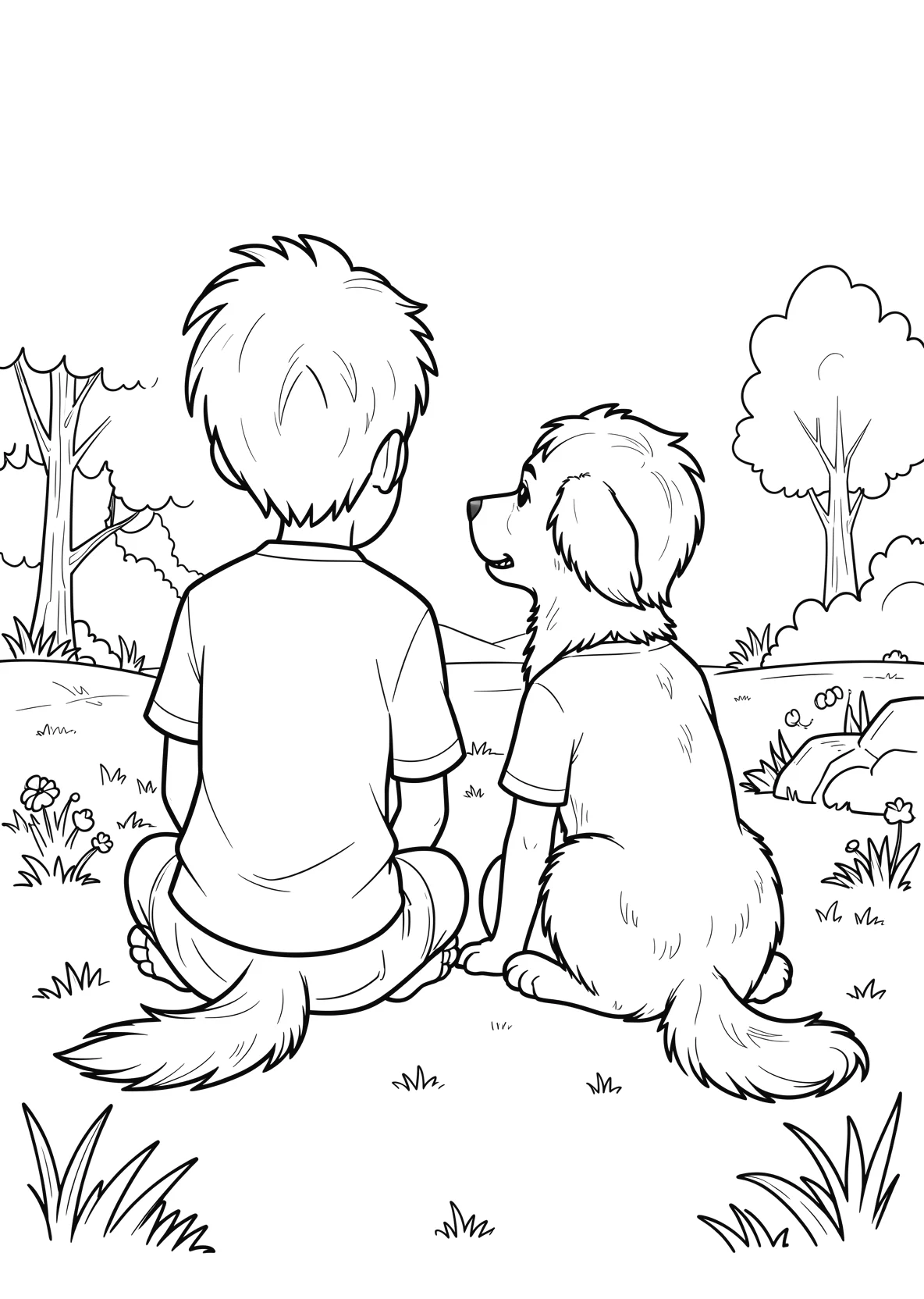 Ausmalbild 11 jährigen jungen mir einem Hund - Ausmalbild aus der Kategorie Tiere - kostenlos ausdrucken