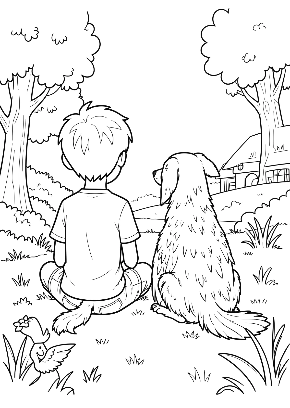 Ausmalbild 11 jährigen jungen mir einem Hund - Ausmalbild aus der Kategorie Tiere - kostenlos ausdrucken