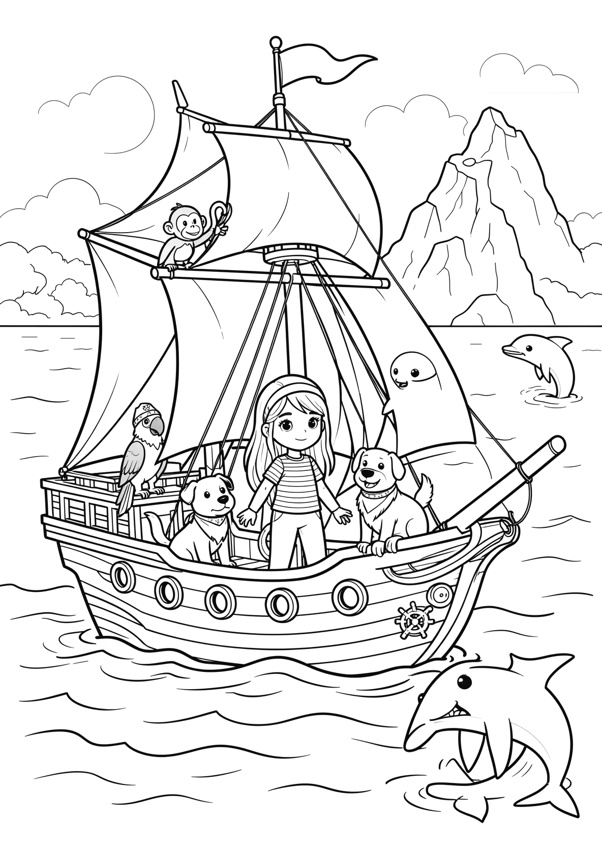 Ausmalbild Piratenschiff mit vollen Segeln auf dem Meer - Ausmalbild aus der Kategorie Tiere - kostenlos ausdrucken