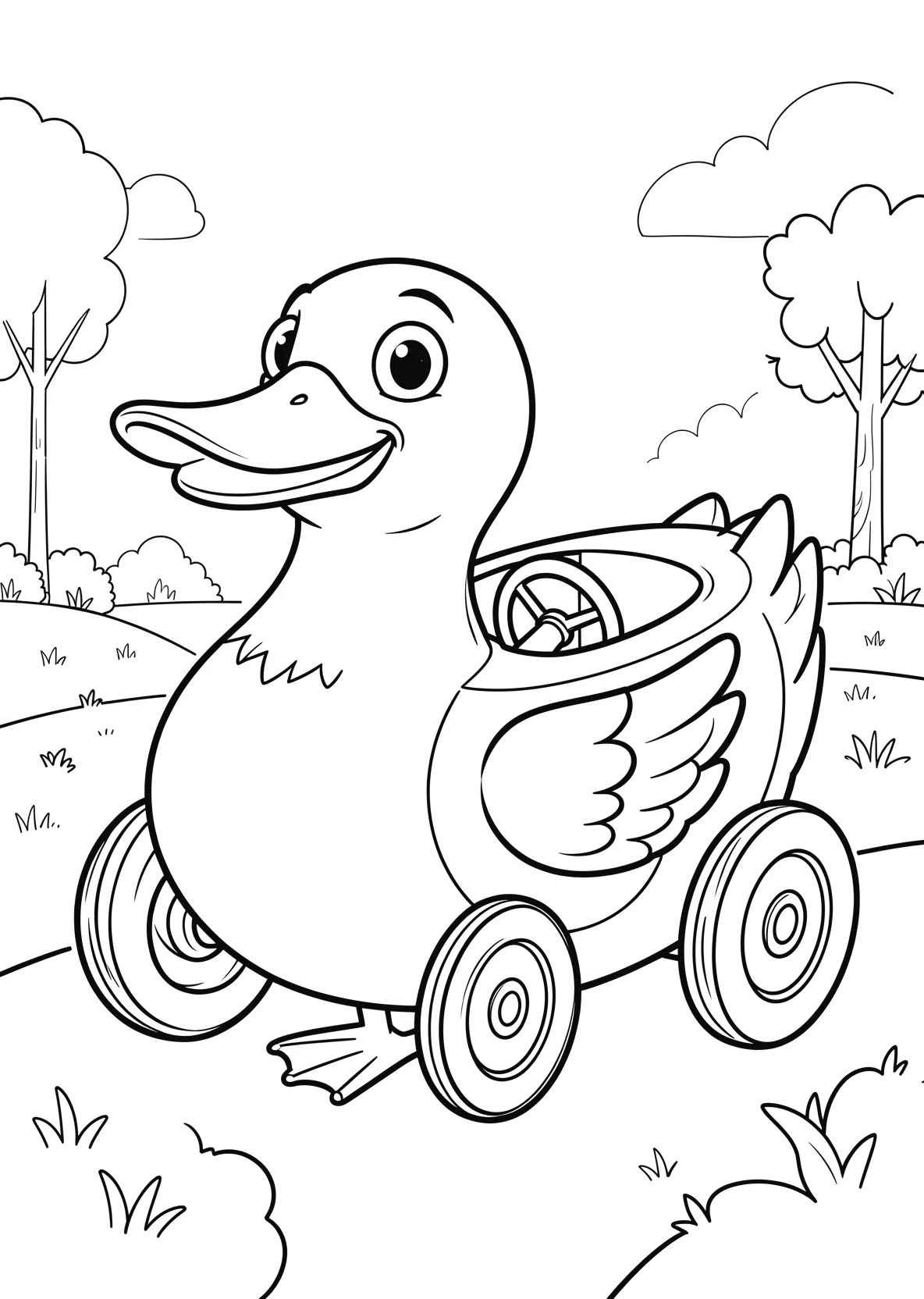 Ausmalbild Lustige Seifenkiste in Form einer großen Ente mit - Ausmalbild aus der Kategorie Tiere - kostenlos ausdrucken