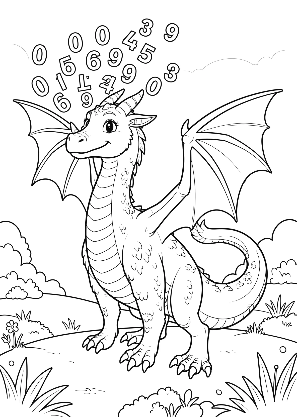 Ausmalbild Freundlicher Drache mit vier Beinen - Ausmalbild aus der Kategorie Tiere - kostenlos ausdrucken