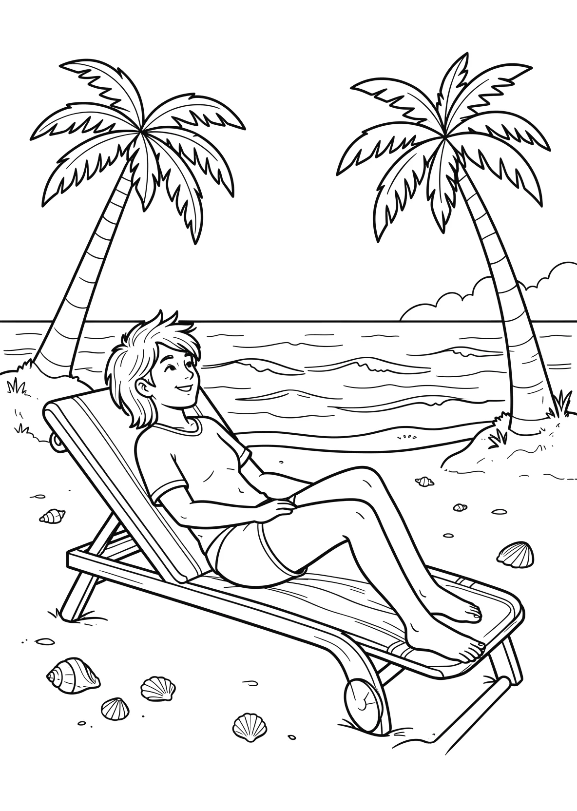 Ausmalbild Gemütlicher Strandurlaub mit einem Liegestuhl im - Ausmalbild aus der Kategorie Natur - kostenlos ausdrucken
