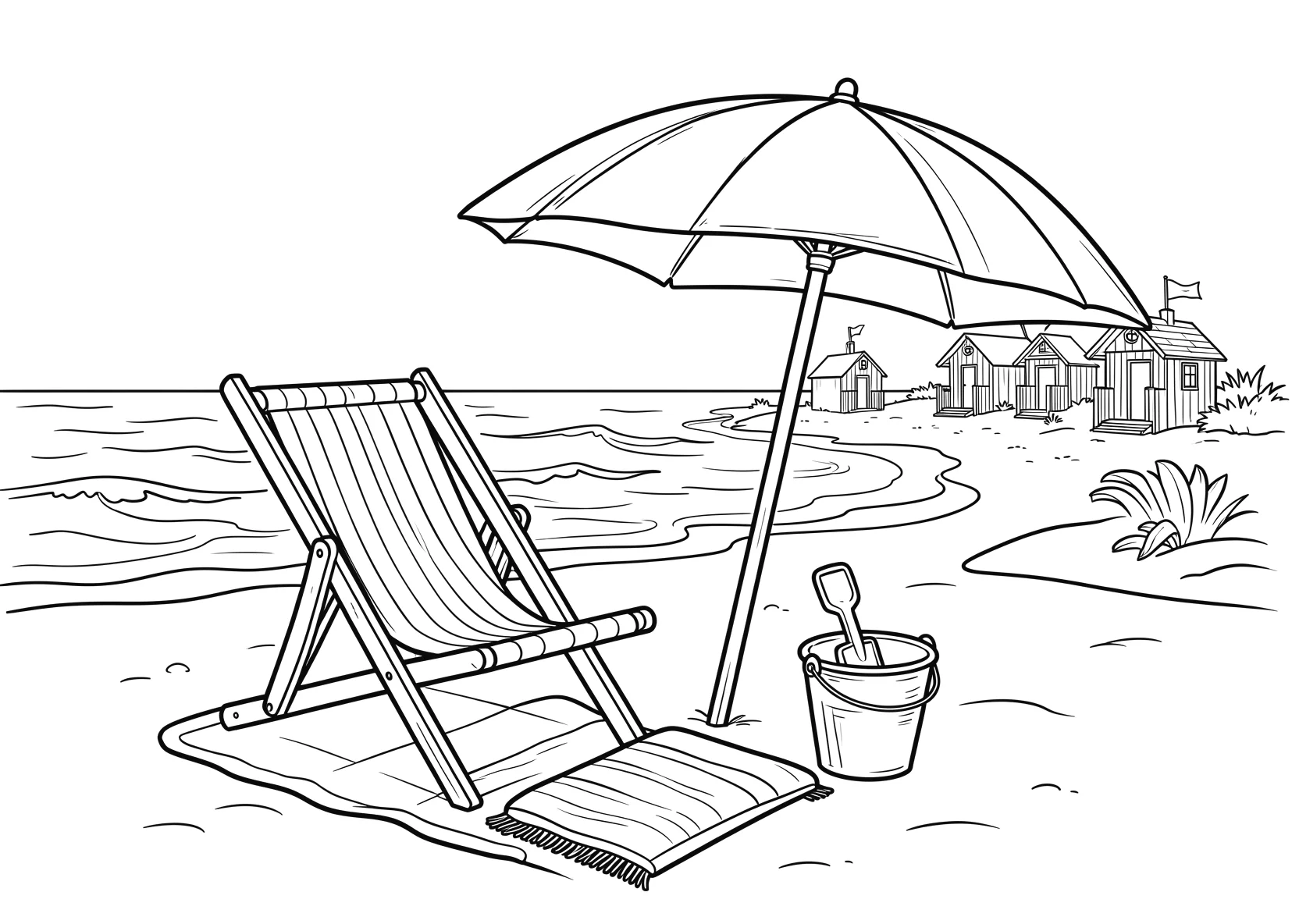 Ausmalbild Gemuetliches Strandszene mit einem gestreiften - Ausmalbild aus der Kategorie Natur - kostenlos ausdrucken