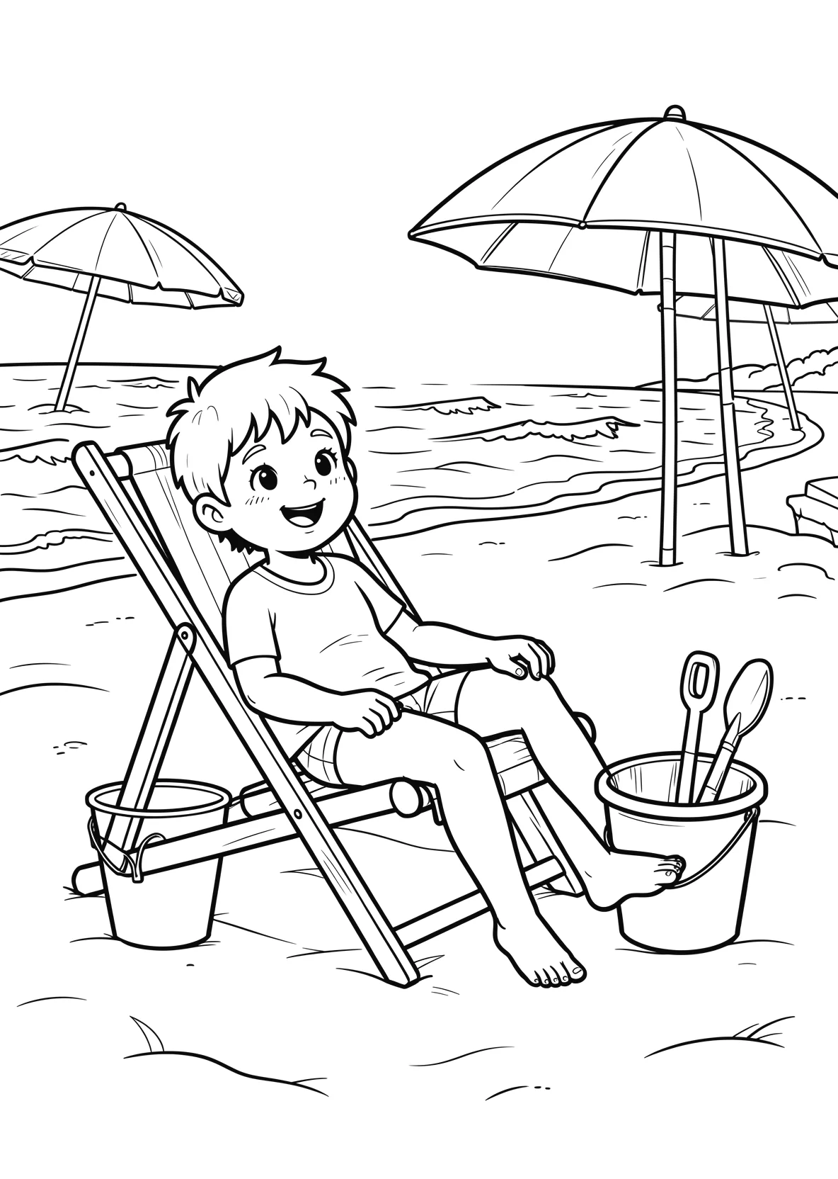 Ausmalbild Kind sitzt entspannt in einem Liegestuhl am Strand - Ausmalbild aus der Kategorie Natur - kostenlos ausdrucken