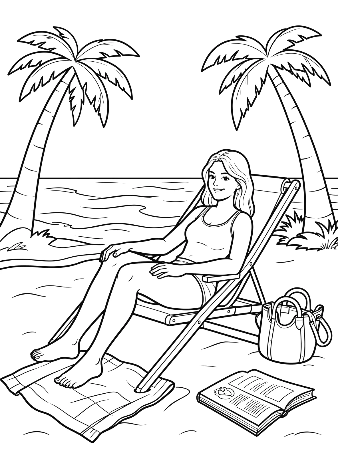 Ausmalbild Mama sitzt entspannt in einem Liegestuhl am Strand - Ausmalbild aus der Kategorie Natur - kostenlos ausdrucken