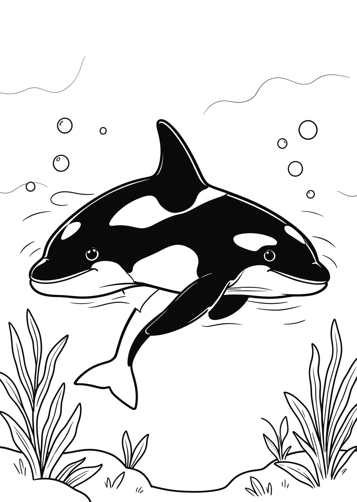 Ausmalbild Delfin und ein Orca schwimmen nebeneinander im - Ausmalbild aus der Kategorie Tiere - kostenlos ausdrucken