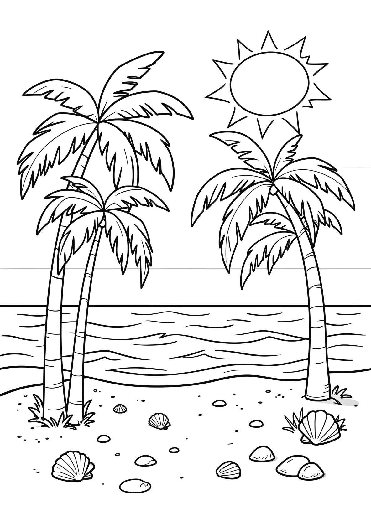 Ausmalbild Strand mit mehreren Palmen - Ausmalbild aus der Kategorie Natur - kostenlos ausdrucken