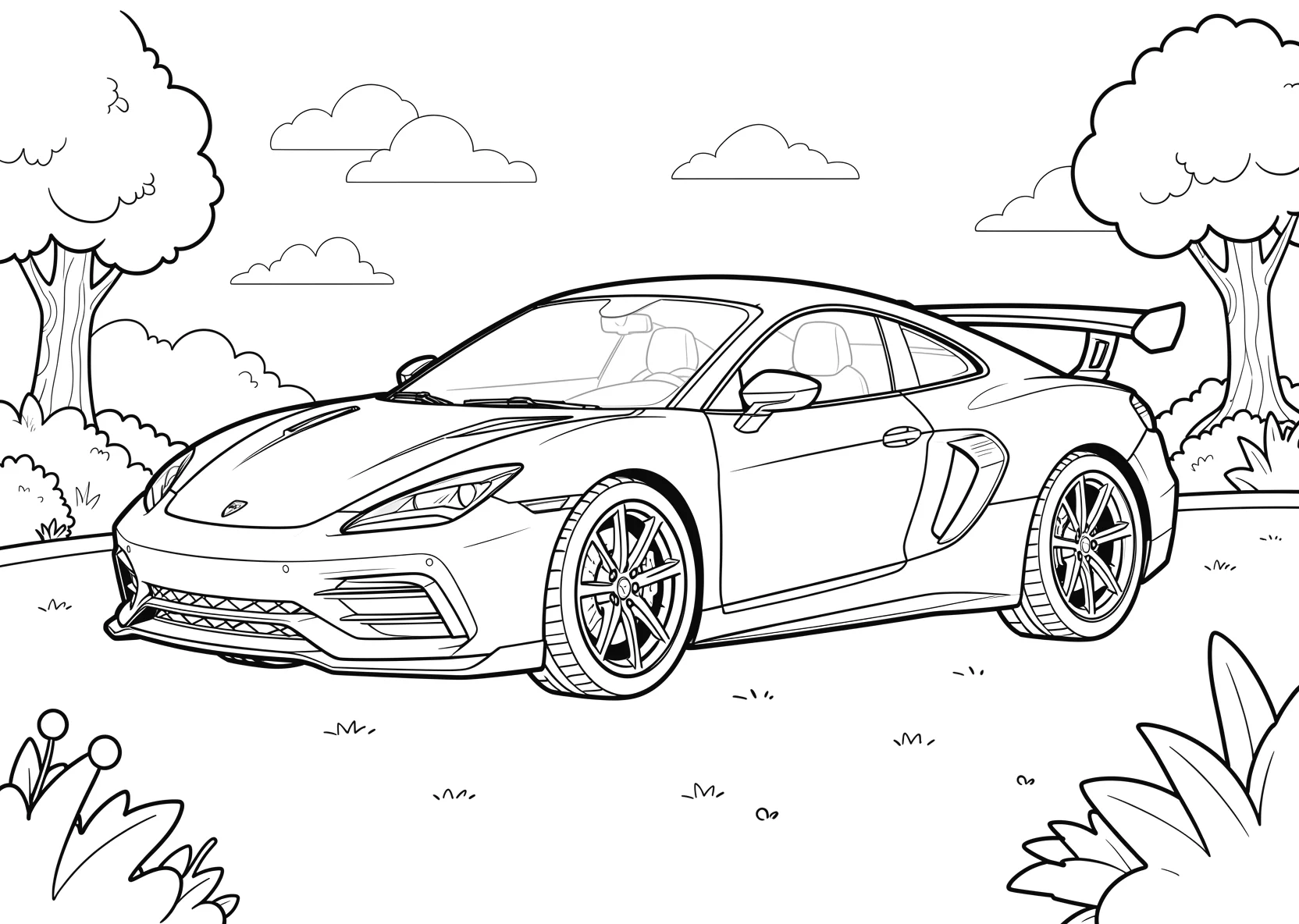 Ausmalbild Großes modernes Sportauto mit Heckspoiler - Ausmalbild aus der Kategorie Natur - kostenlos ausdrucken