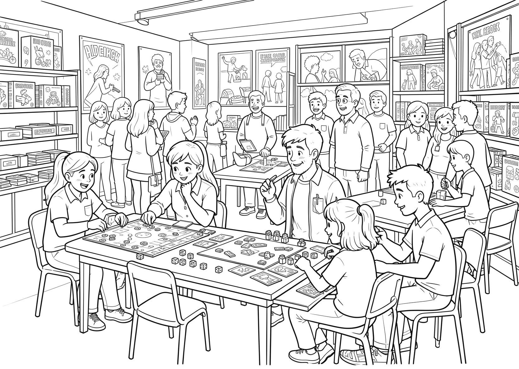 Ausmalbild Lebhafte Brettspielmesse mit vielen Besuchern - Ausmalbild aus der Kategorie Sonstiges - kostenlos ausdrucken