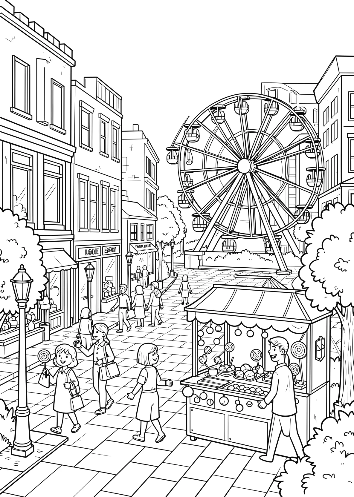 Ausmalbild Belebte Stadt mit Einkaufsstraße: mehrere - Ausmalbild aus der Kategorie Essen - kostenlos ausdrucken