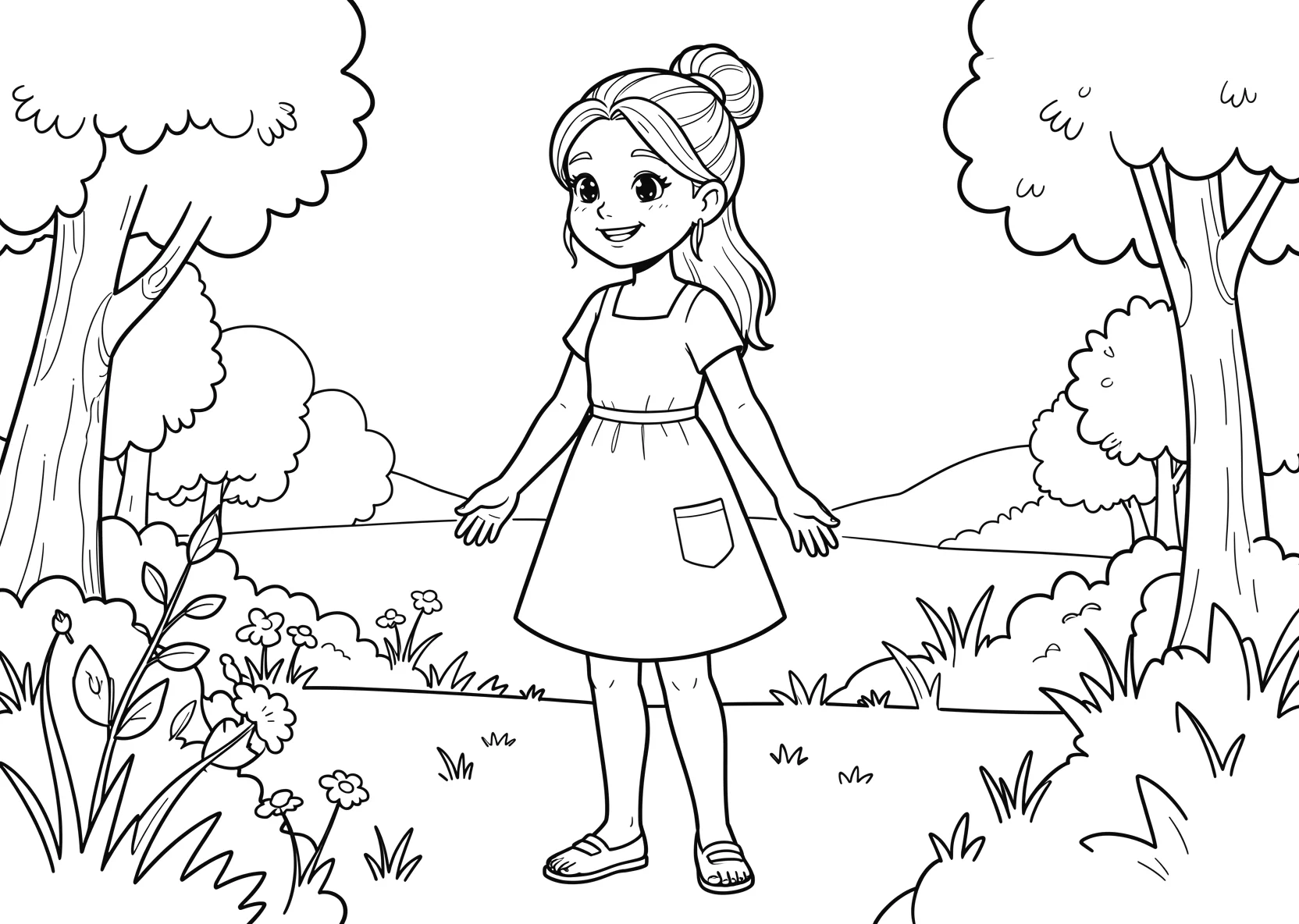Ausmalbild Freundliches Maedchen namens Clara mit langen - Ausmalbild aus der Kategorie Natur - kostenlos ausdrucken