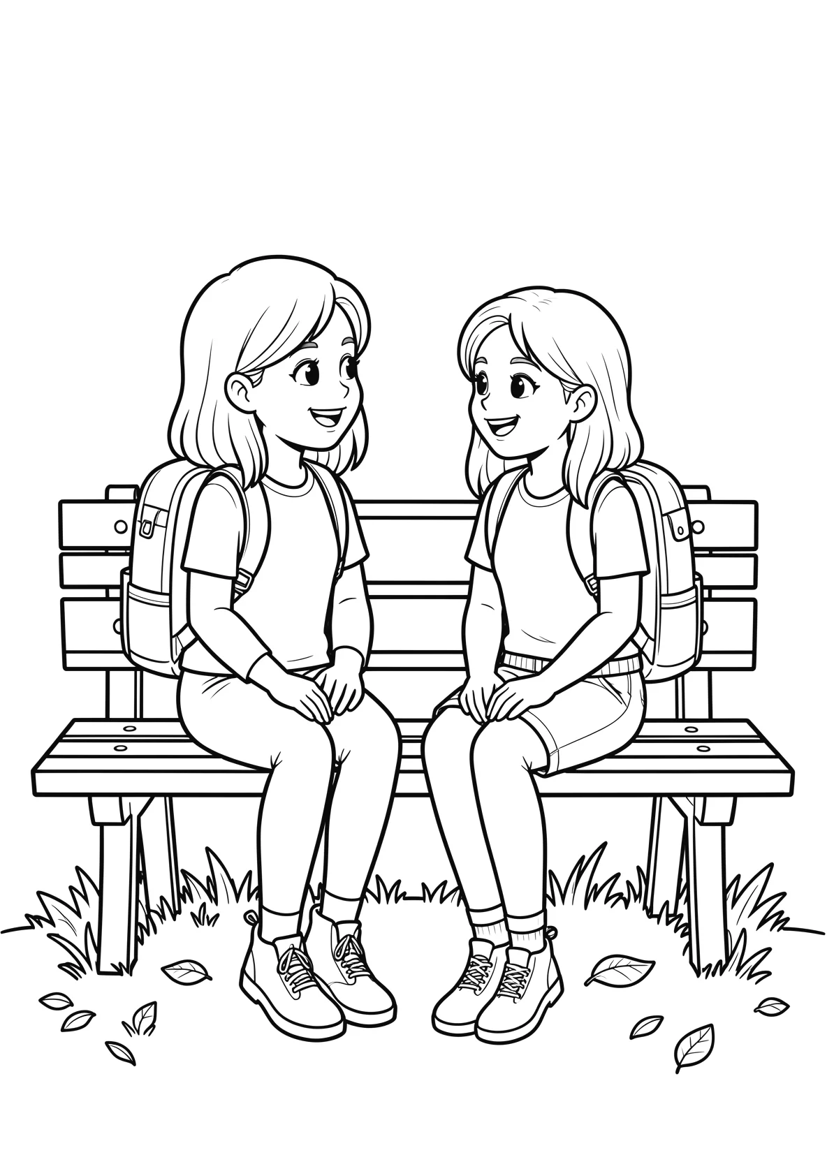 Ausmalbild Zwei freundliche Maedchen sitzen nebeneinander - Ausmalbild aus der Kategorie Natur - kostenlos ausdrucken