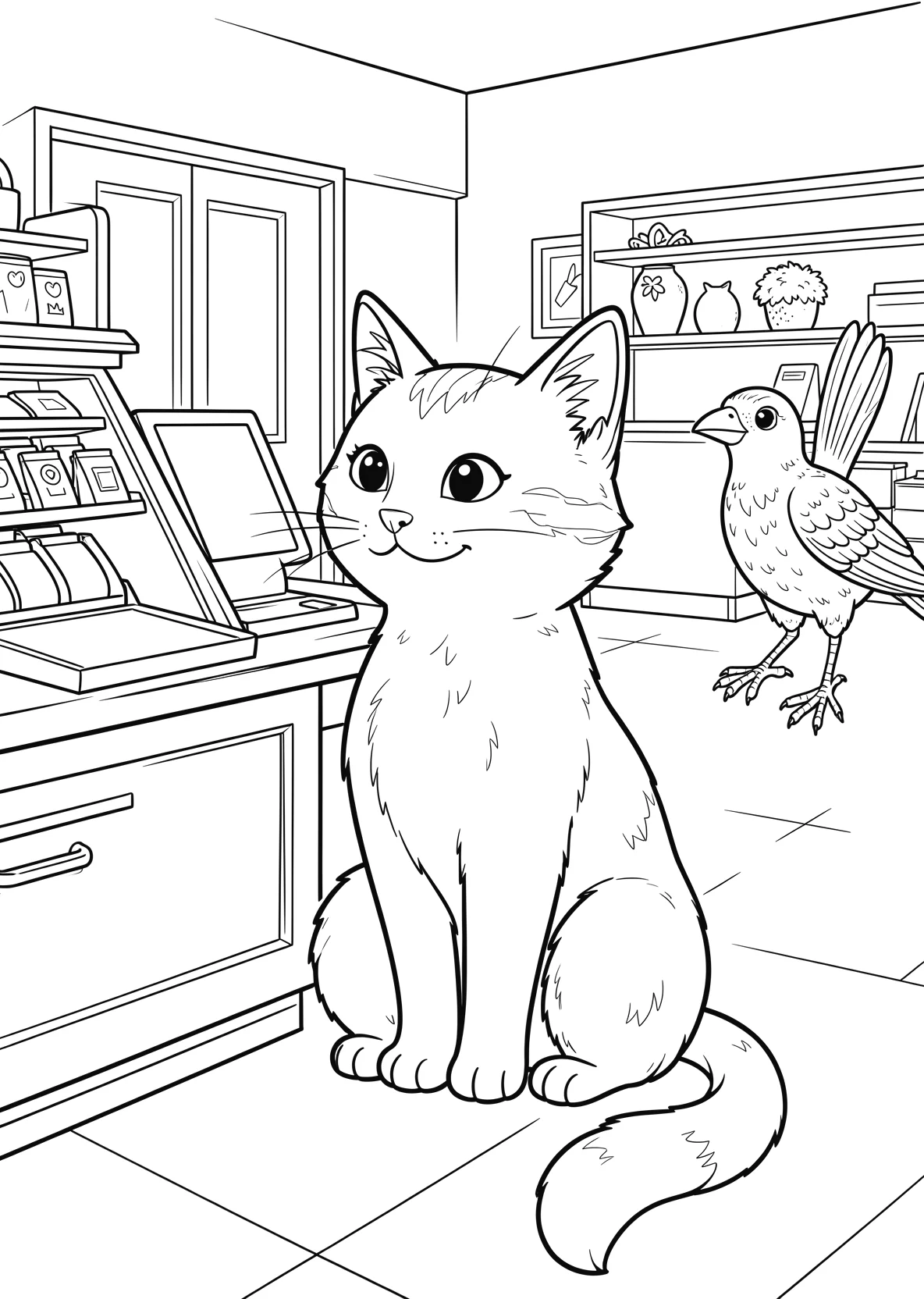 Ausmalbild Sitzende Katze mit aufgerichtetem Schwanz an - Ausmalbild aus der Kategorie Tiere - kostenlos ausdrucken