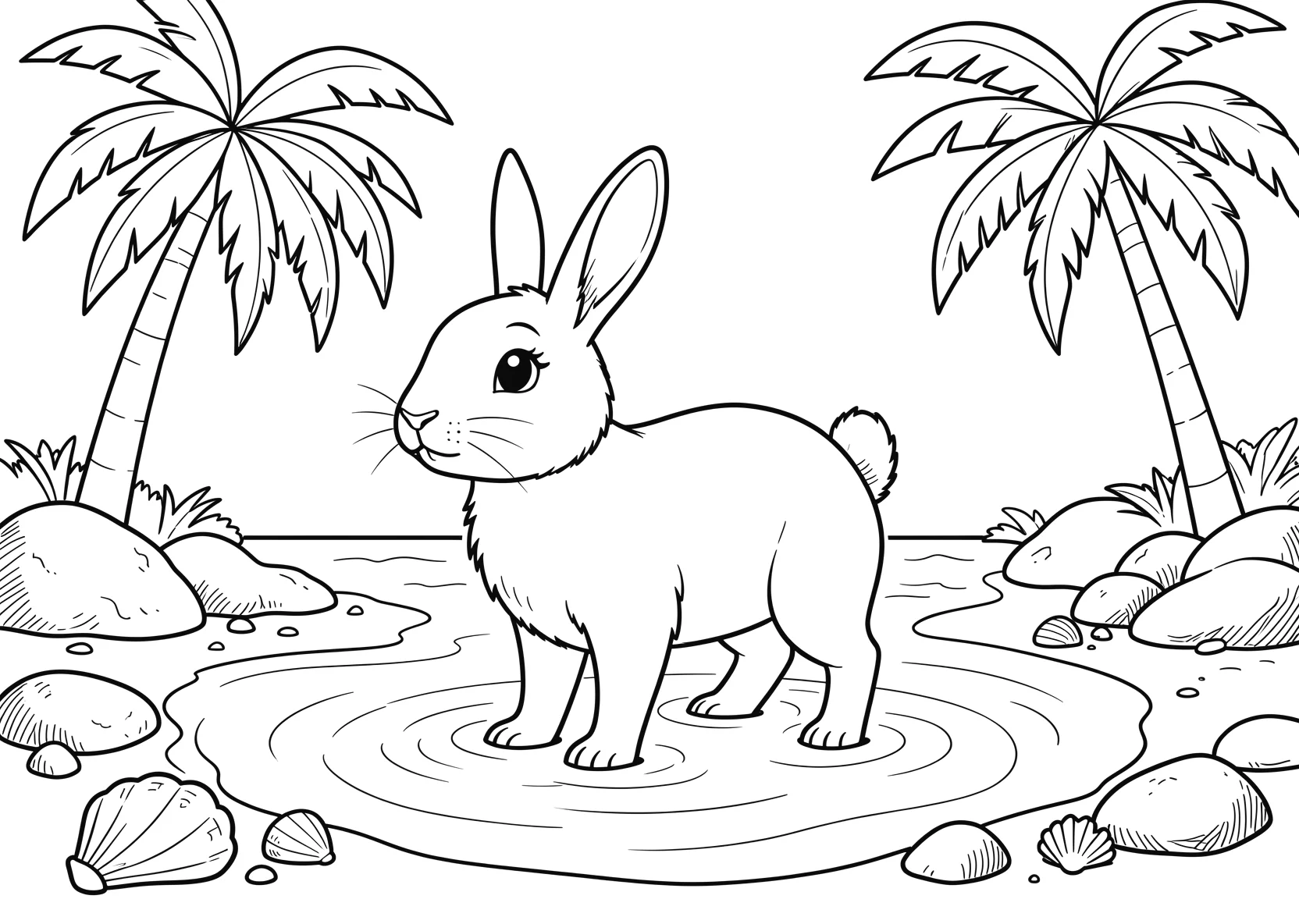 Ausmalbild Freundlicher Hase steht im flachen Wasser des - Ausmalbild aus der Kategorie Natur - kostenlos ausdrucken