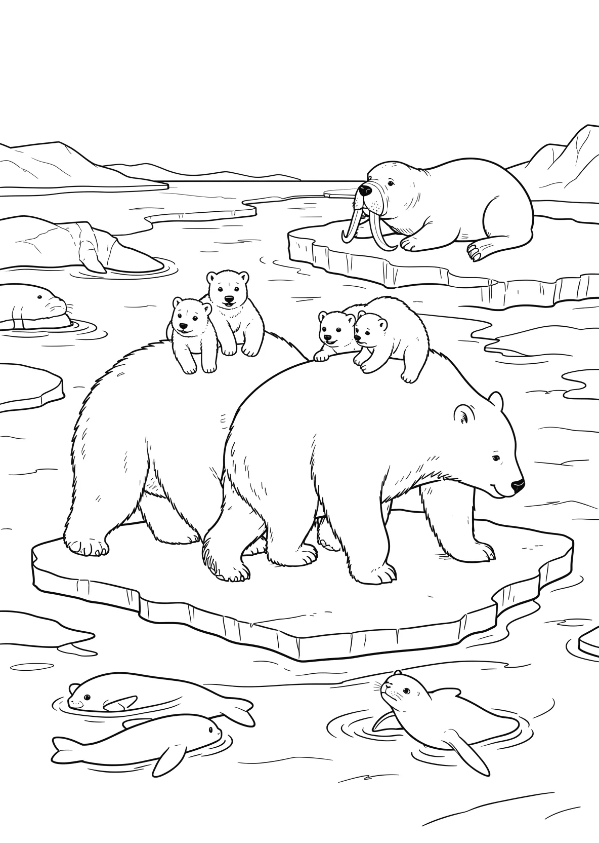 Ausmalbild Eisbärfamilie mit fünf Kindern läuft über - Ausmalbild aus der Kategorie Tiere - kostenlos ausdrucken