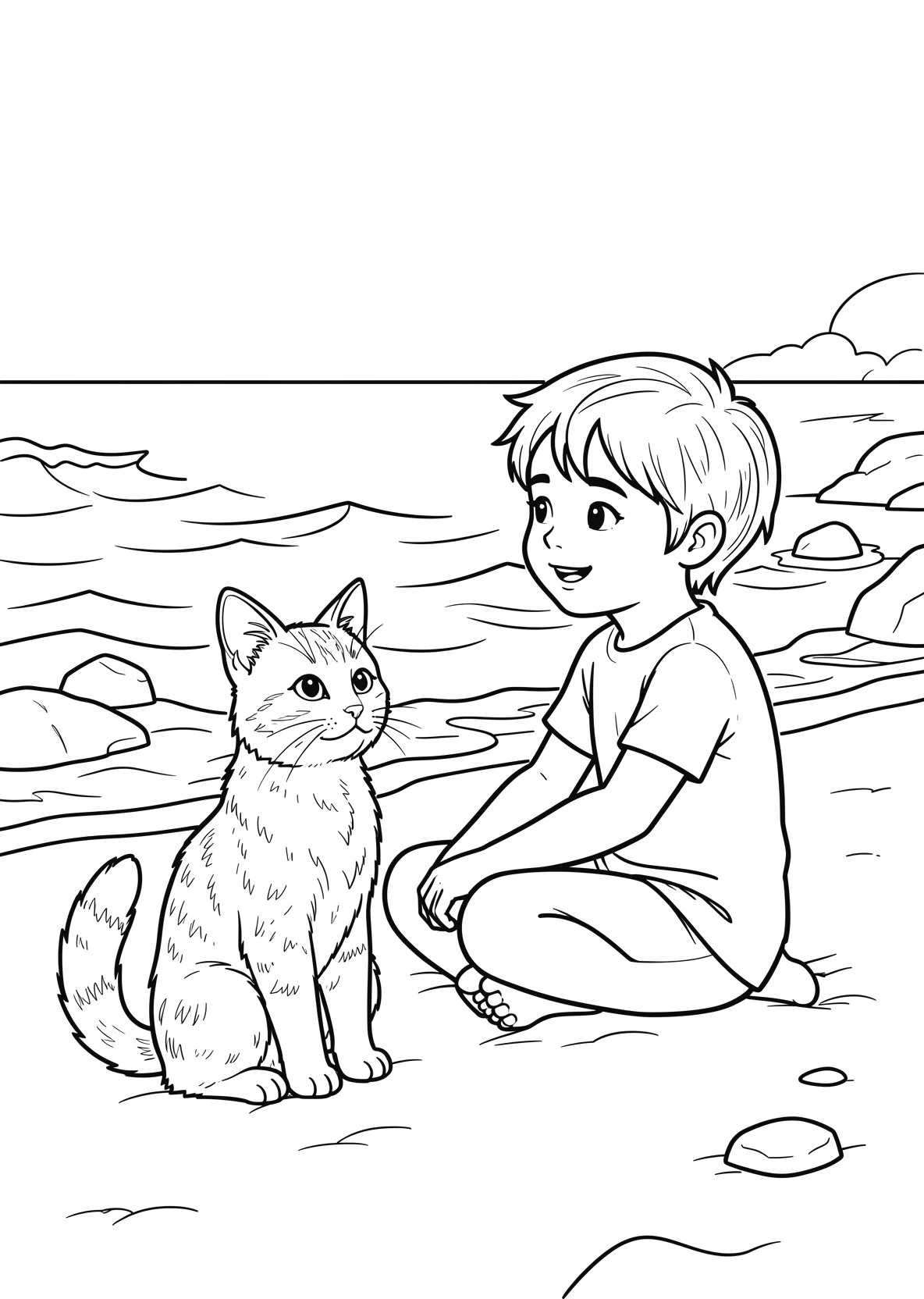 Ausmalbild Kind sitzt neben einer Katze am Strand vor dem - Ausmalbild aus der Kategorie Tiere - kostenlos ausdrucken