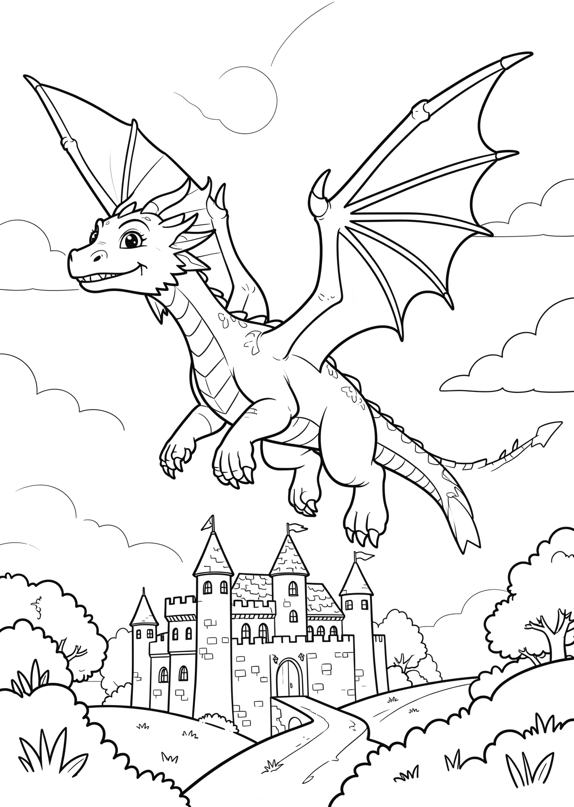 Ausmalbild Drache fliegt über eine Burg für Grundschulkinder - kostenlos ausdrucken