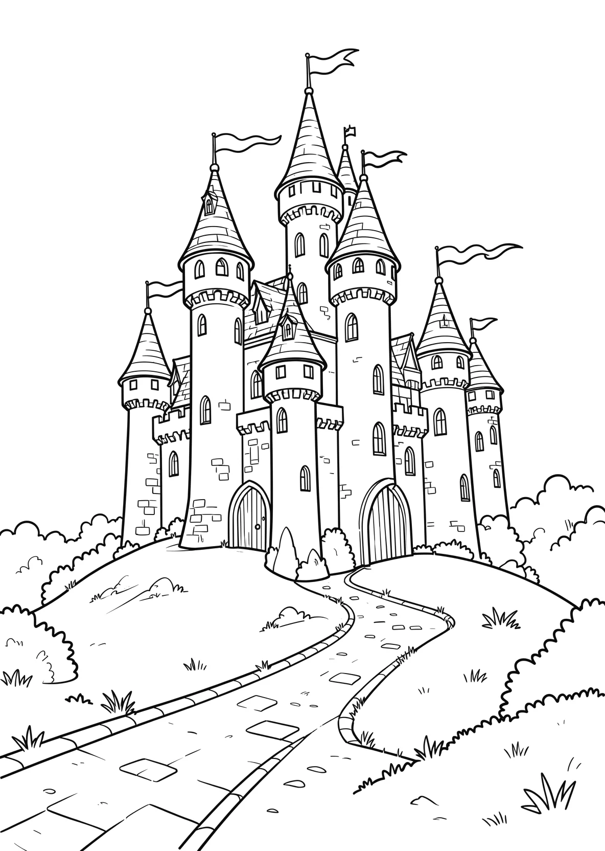 Ausmalbild Schloss auf einem Hügel für Grundschulkinder - kostenlos ausdrucken
