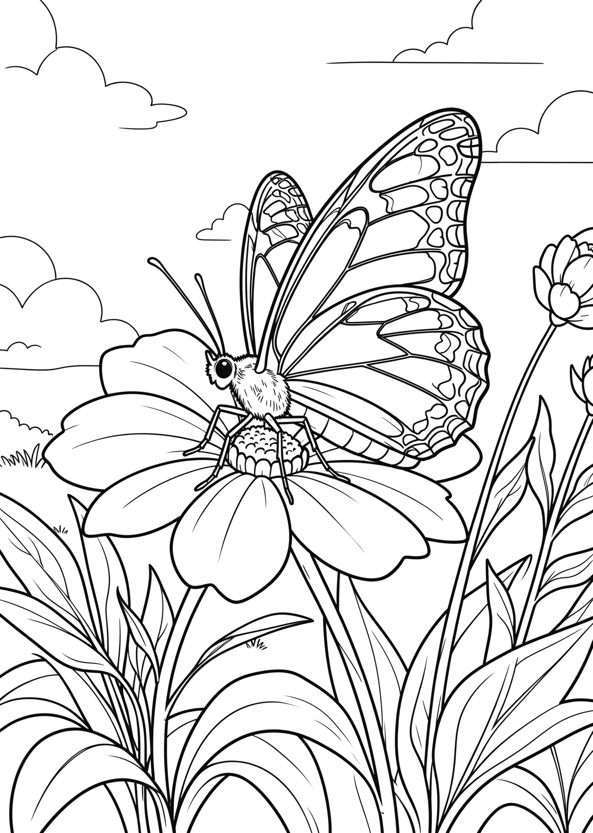 Ausmalbild Schmetterling auf einer Blume für Grundschulkinder - kostenlos ausdrucken