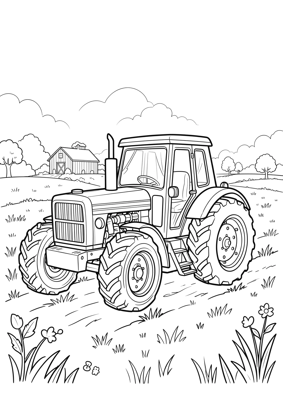 Ausmalbild Traktor auf dem Feld für Grundschulkinder - kostenlos ausdrucken