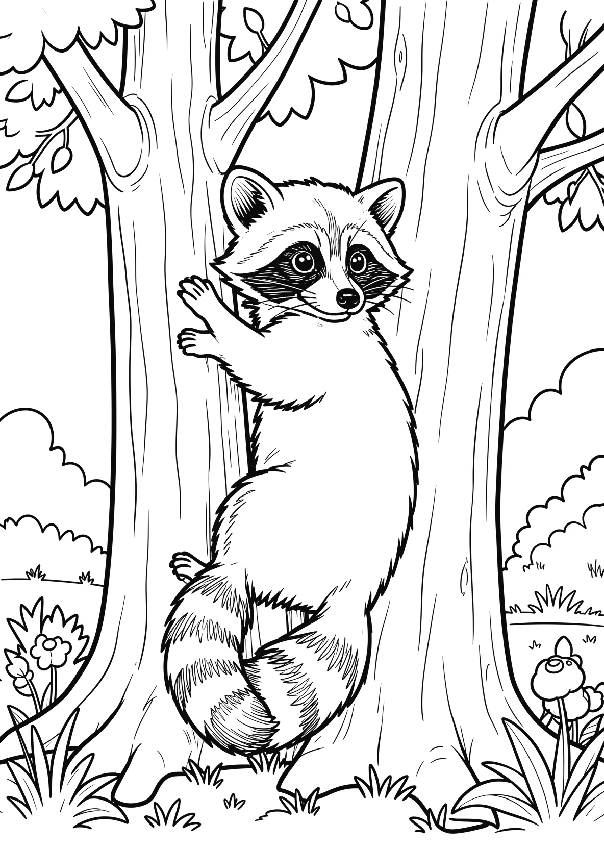 Ausmalbild Waschbär klettert auf einen Baum für Grundschulkinder - kostenlos ausdrucken