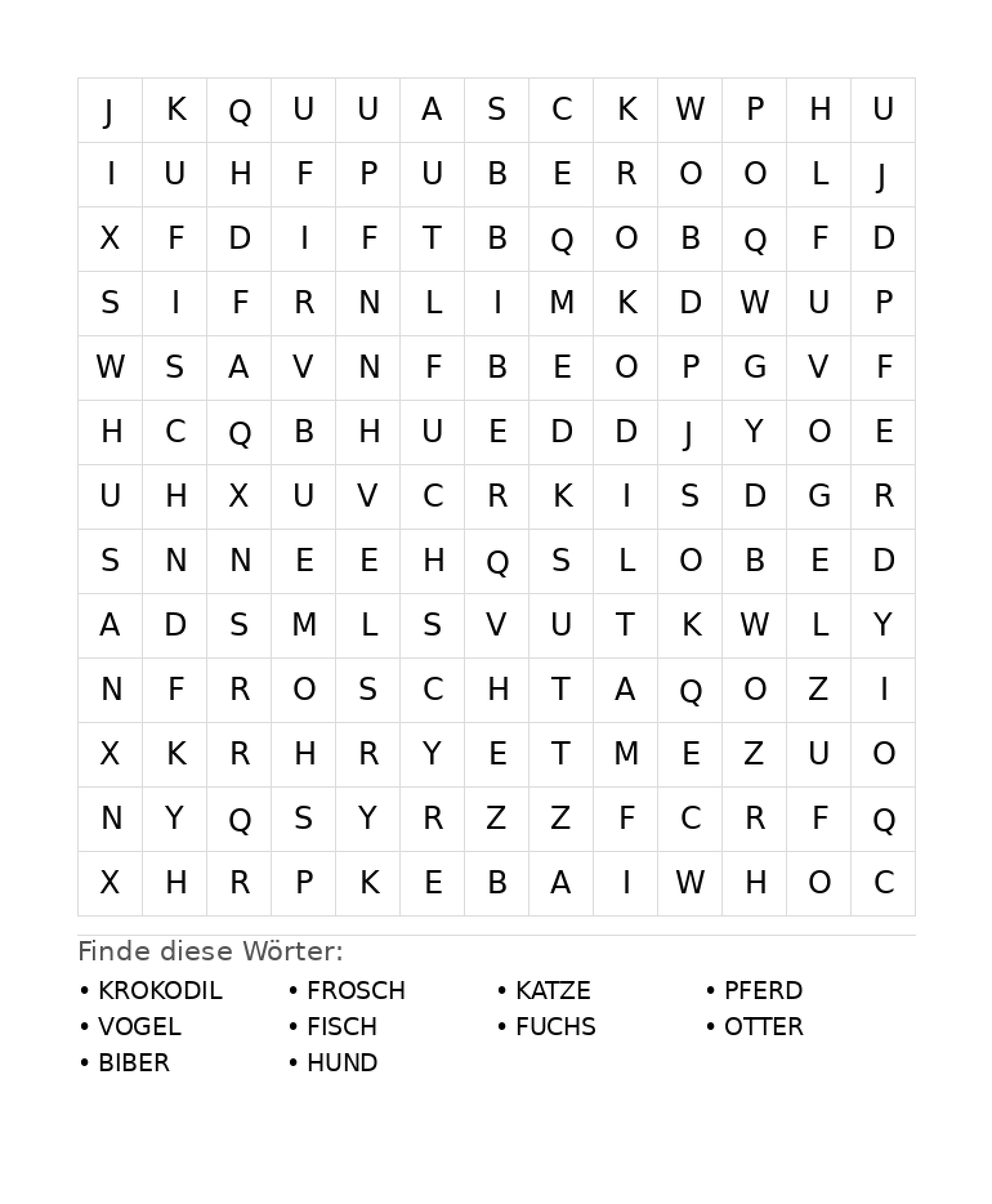 Wortsuchrätsel Wortsuchrätsel: Tiere für Grundschule aus der Kategorie Wortsuchrätsel - kostenlos ausdrucken