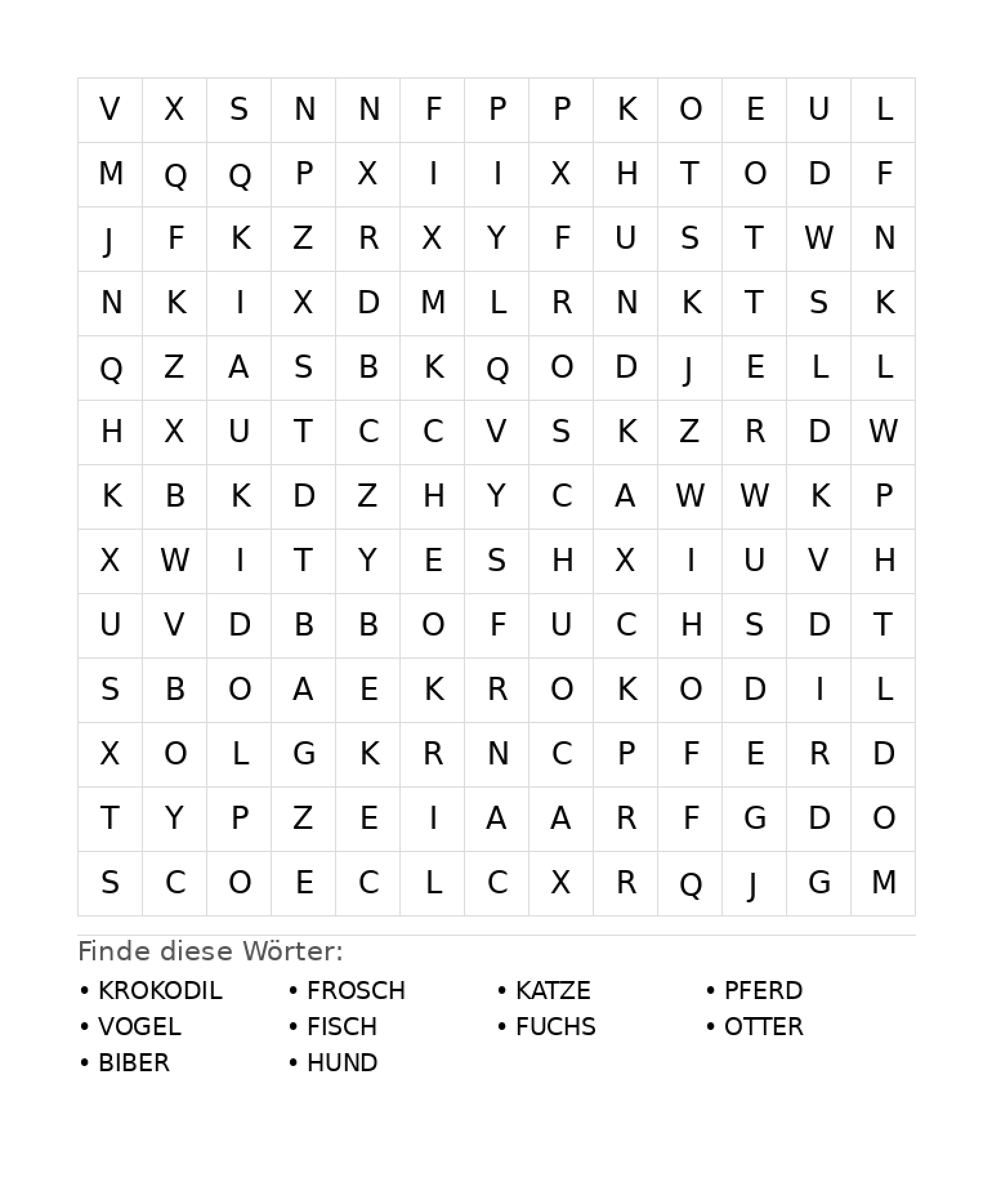 Wortsuchrätsel Wortsuchrätsel: Tiere für Grundschule aus der Kategorie Wortsuchrätsel - kostenlos ausdrucken