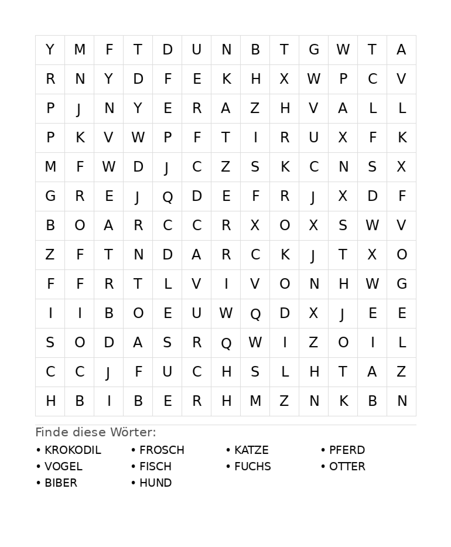Wortsuchrätsel Wortsuchrätsel: Tiere für Grundschule aus der Kategorie Wortsuchrätsel - kostenlos ausdrucken