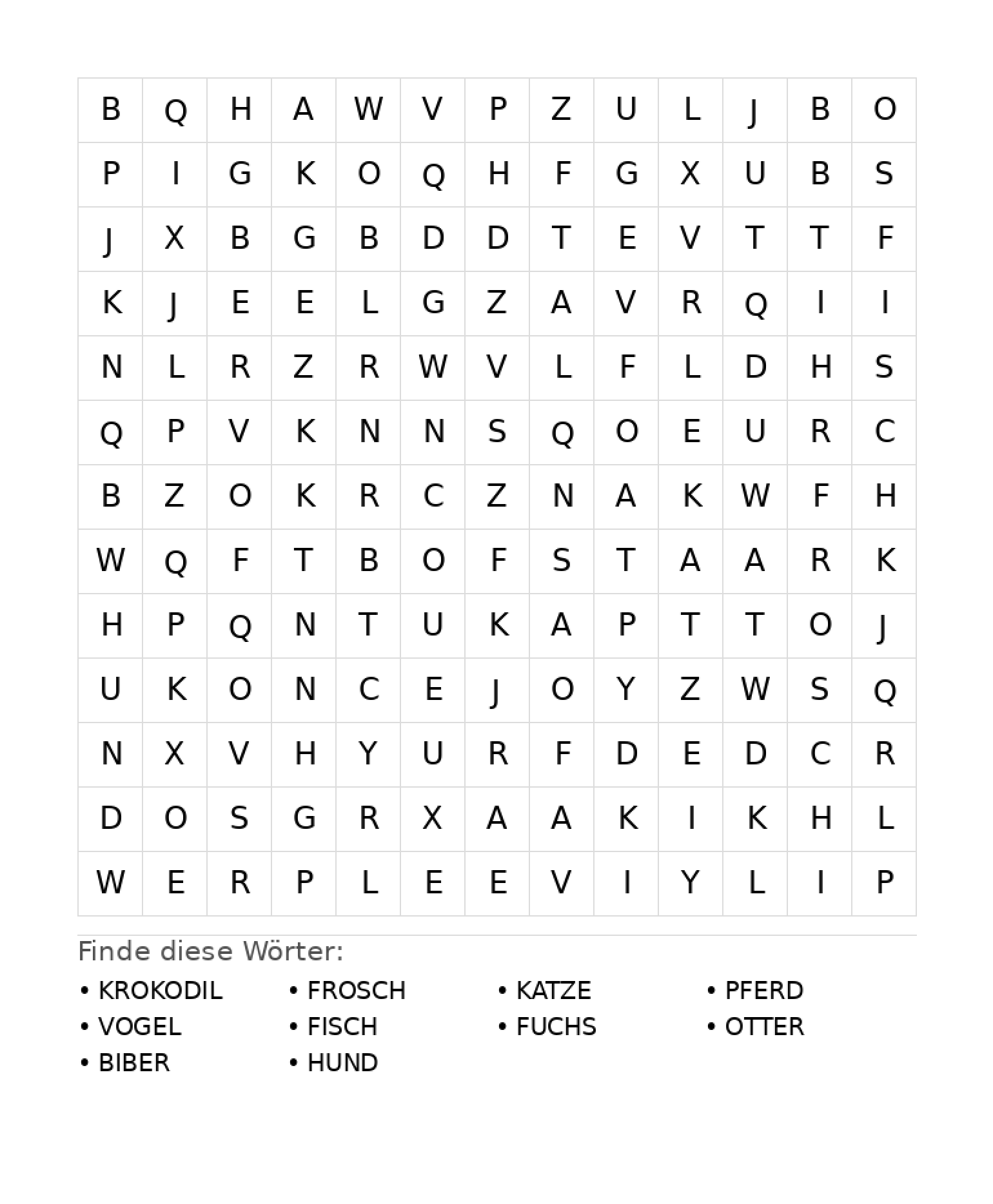 Wortsuchrätsel Wortsuchrätsel: Tiere für Grundschule aus der Kategorie Wortsuchrätsel - kostenlos ausdrucken