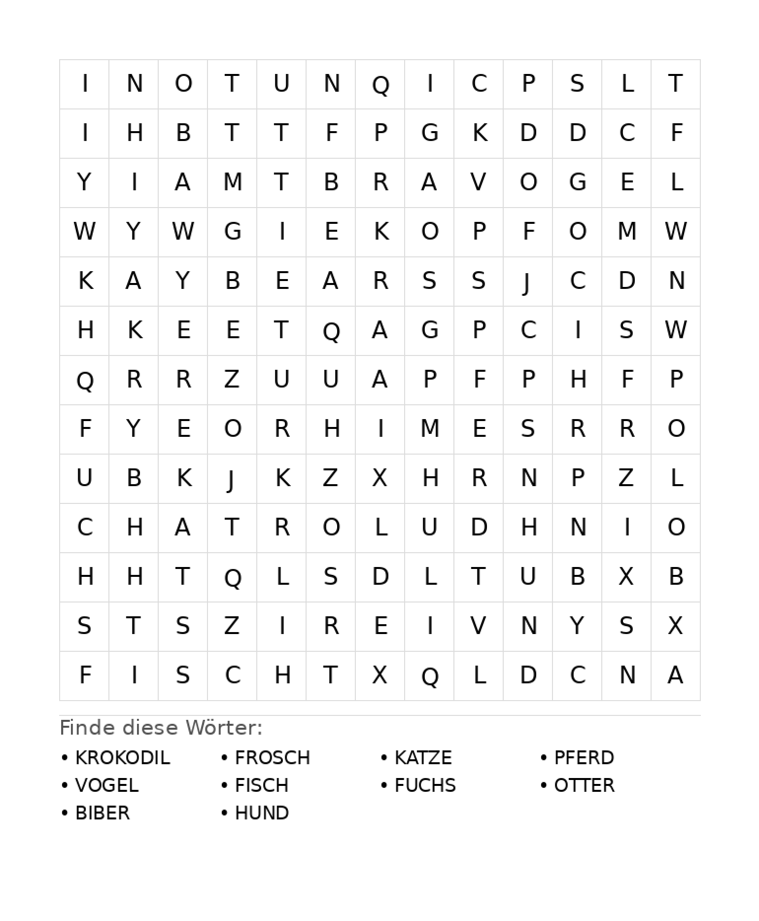 Wortsuchrätsel Wortsuchrätsel: Tiere für Grundschule aus der Kategorie Wortsuchrätsel - kostenlos ausdrucken
