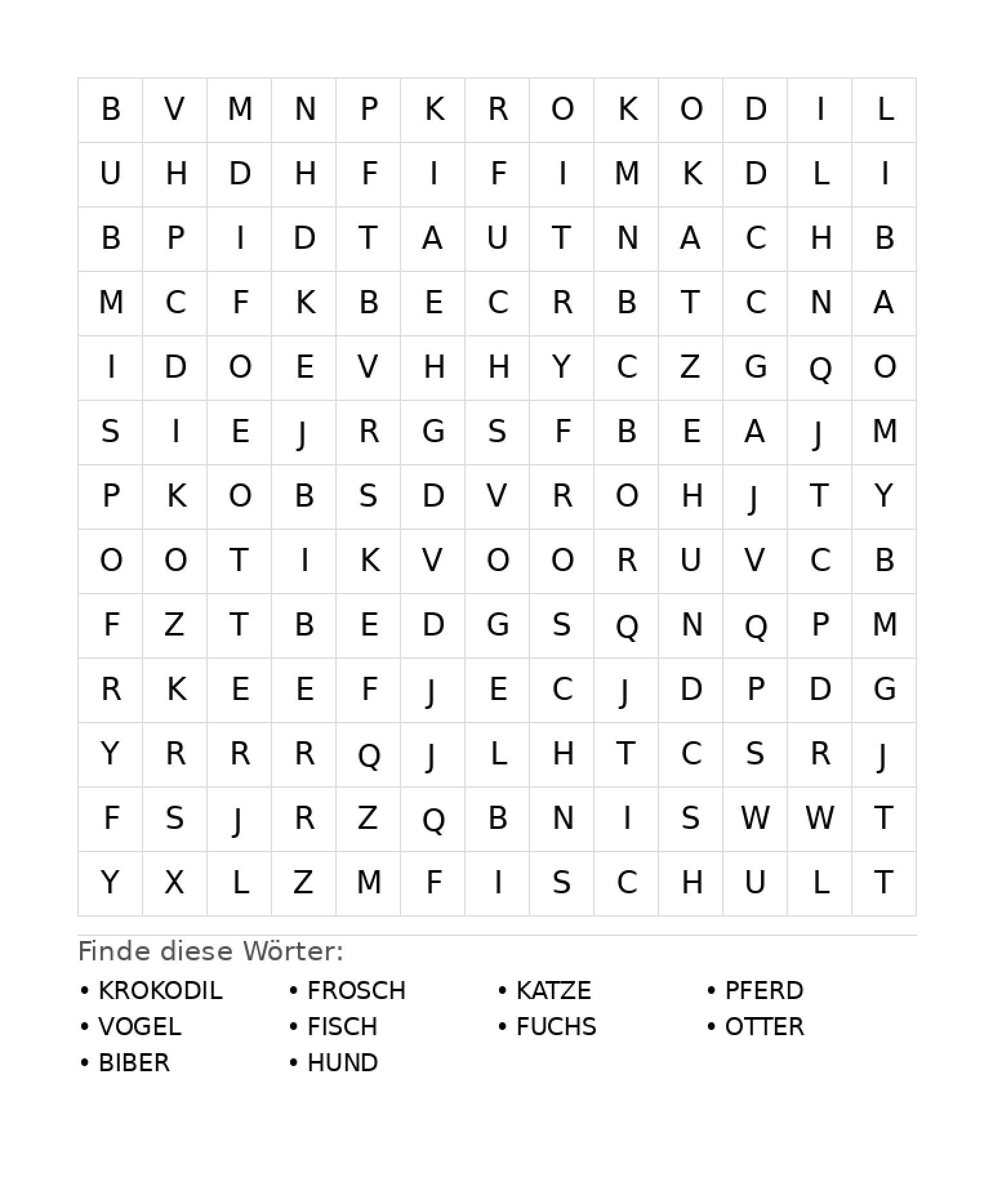 Wortsuchrätsel Wortsuchrätsel: Tiere für Grundschule aus der Kategorie Wortsuchrätsel - kostenlos ausdrucken