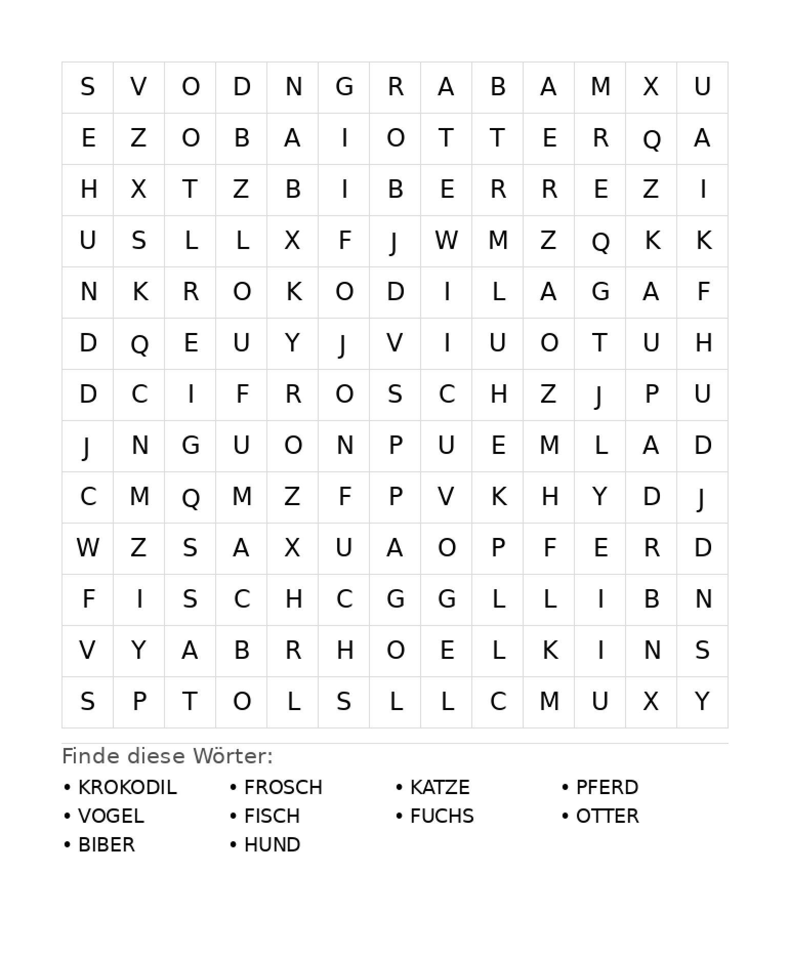 Wortsuchrätsel Wortsuchrätsel: Tiere für Grundschule aus der Kategorie Wortsuchrätsel - kostenlos ausdrucken