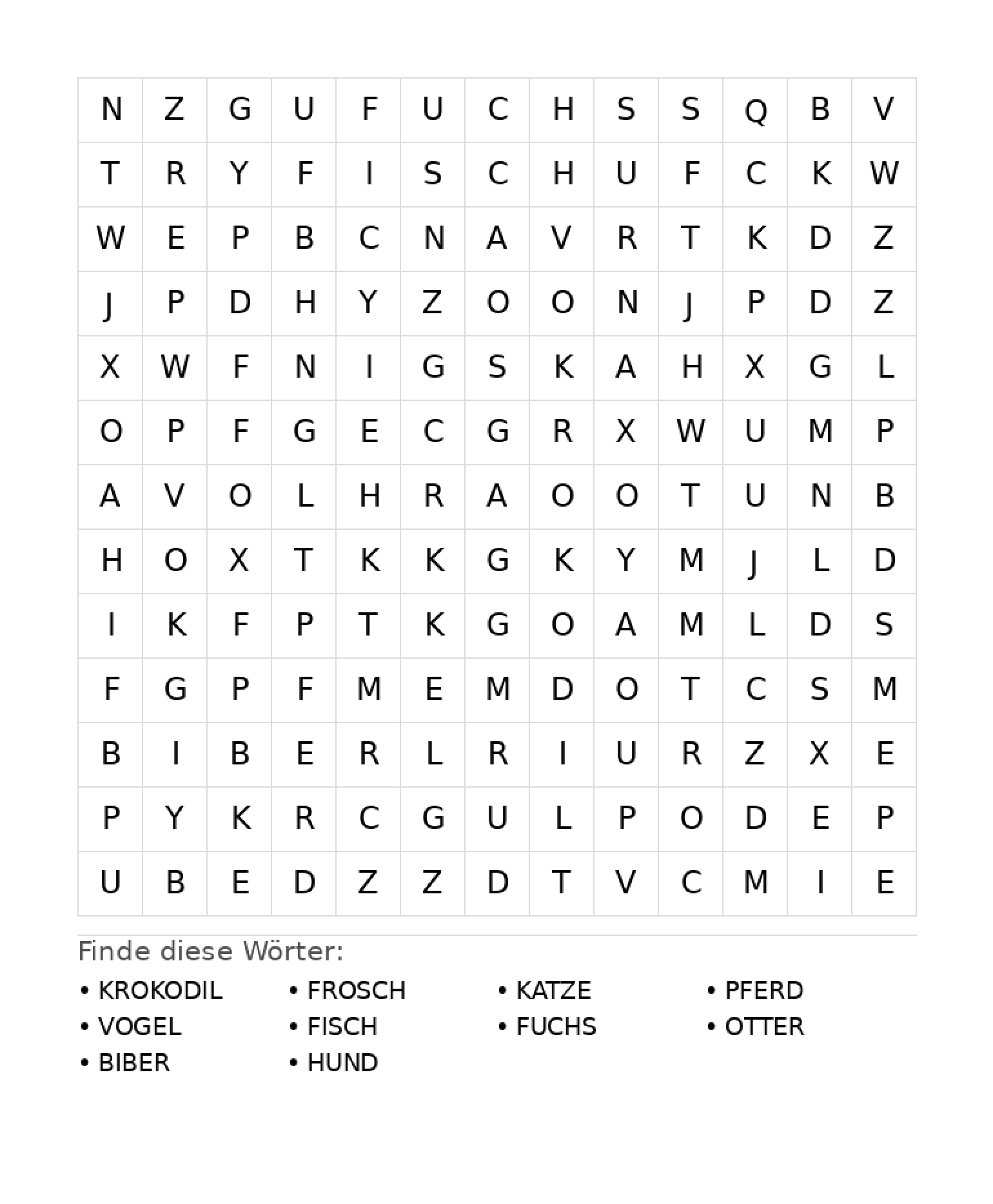 Wortsuchrätsel Wortsuchrätsel: Tiere für Grundschule aus der Kategorie Wortsuchrätsel - kostenlos ausdrucken
