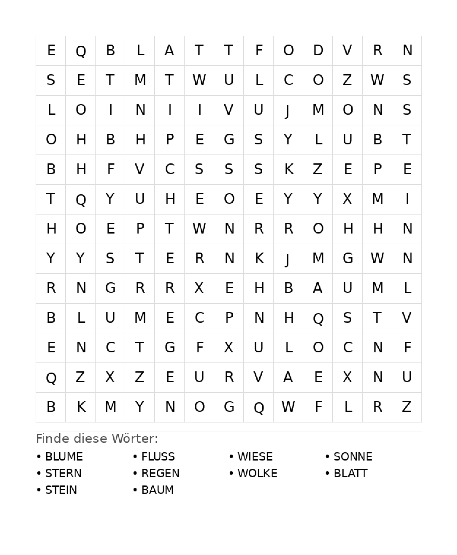 Wortsuchrätsel Wortsuchrätsel: Natur für Grundschule aus der Kategorie Wortsuchrätsel - kostenlos ausdrucken