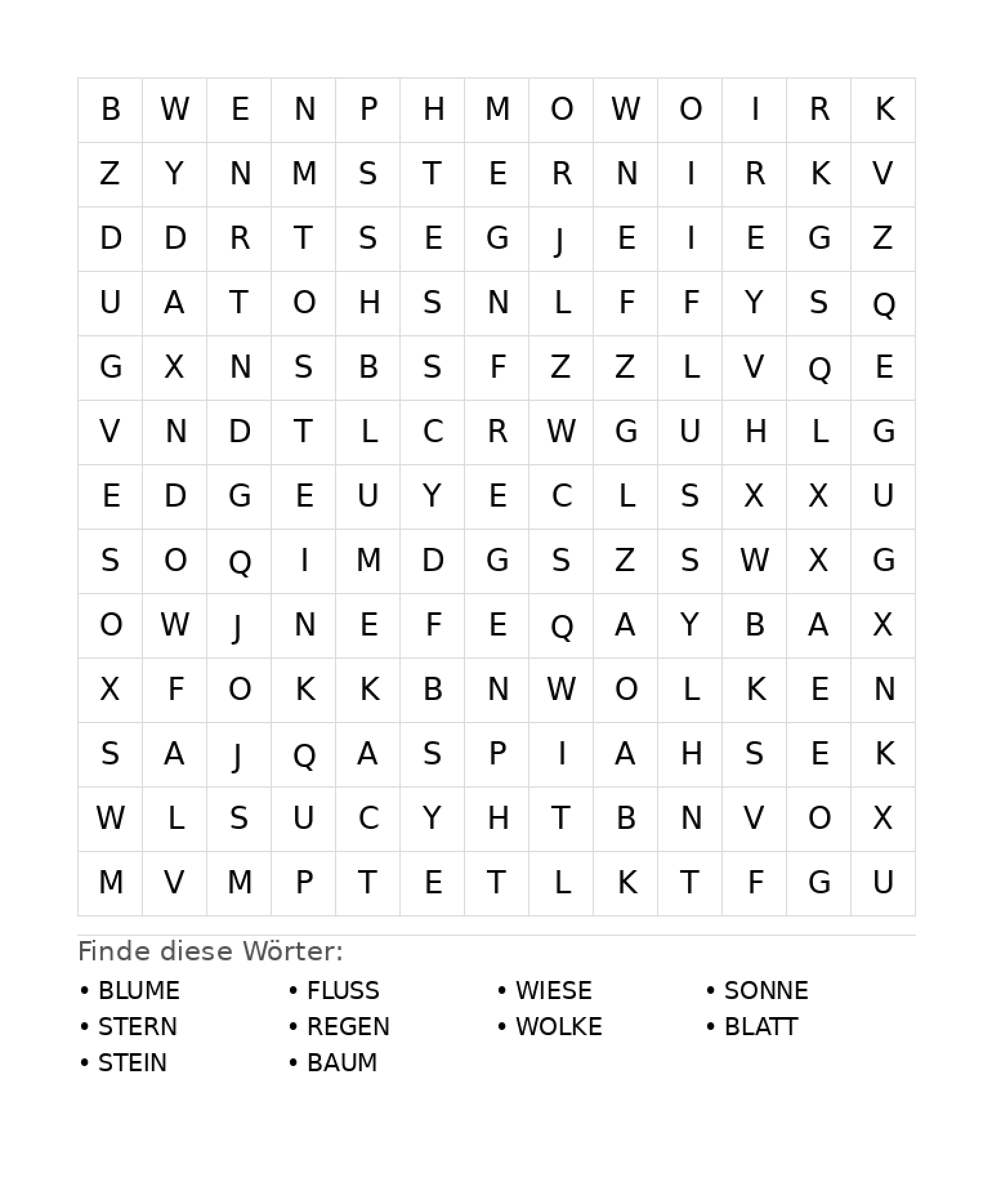 Wortsuchrätsel Wortsuchrätsel: Natur für Grundschule aus der Kategorie Wortsuchrätsel - kostenlos ausdrucken