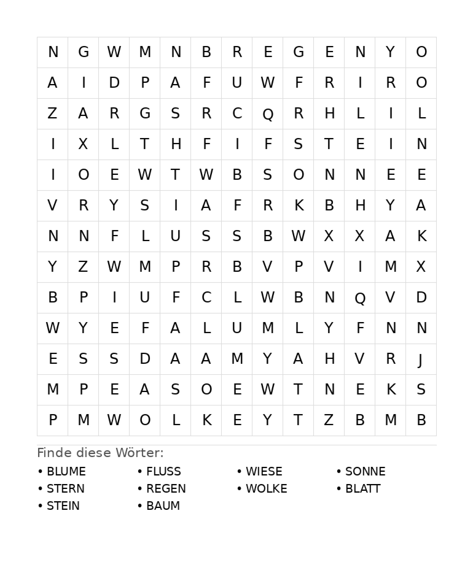 Wortsuchrätsel Wortsuchrätsel: Natur für Grundschule aus der Kategorie Wortsuchrätsel - kostenlos ausdrucken
