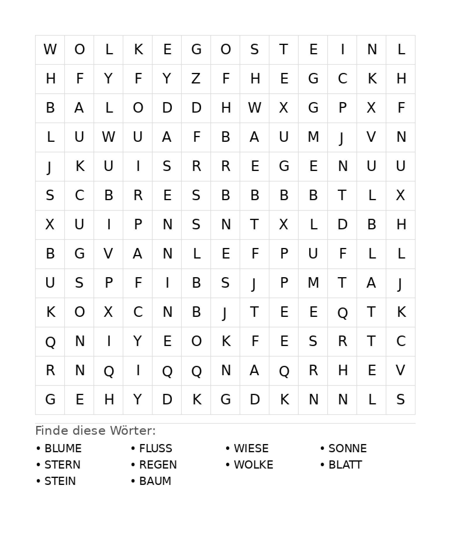 Wortsuchrätsel Wortsuchrätsel: Natur für Grundschule aus der Kategorie Wortsuchrätsel - kostenlos ausdrucken
